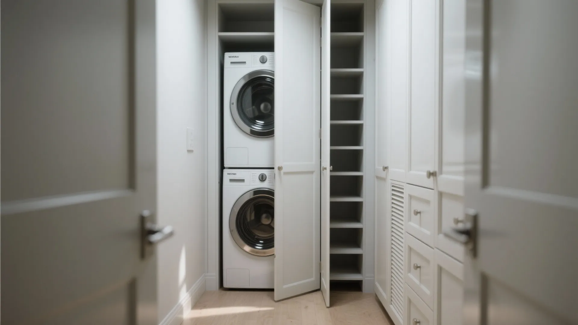 Stacked washing machine and dryer set inside a white laundry closet with wooden floor storage