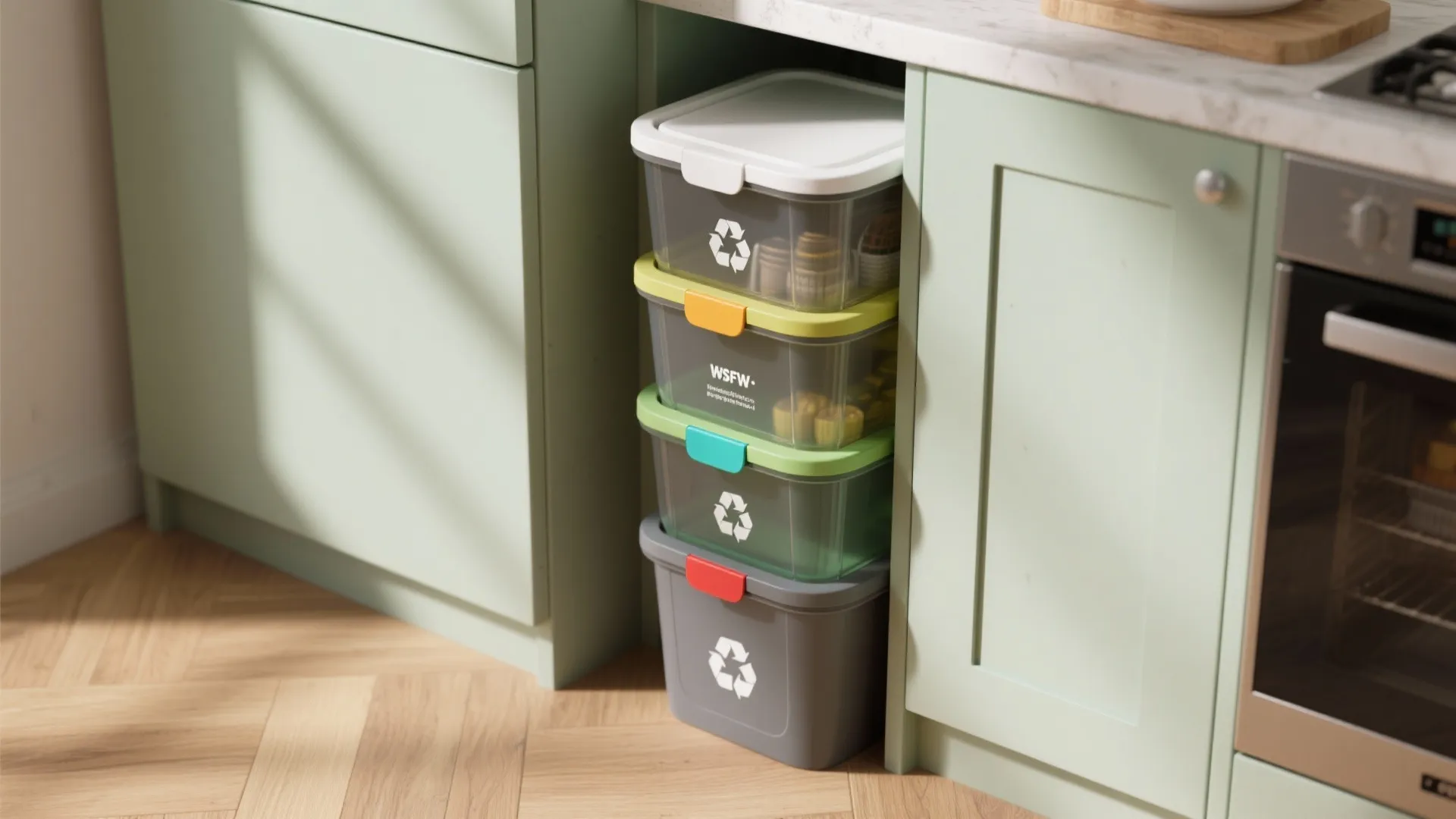 Four colorful plastic recycling bins stacked under light green kitchen cabinet for smart waste storage