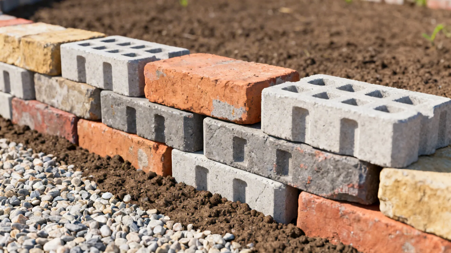 Stacked interlocking blocks and reclaimed bricks forming a tidy retaining wall with a gravel footing.