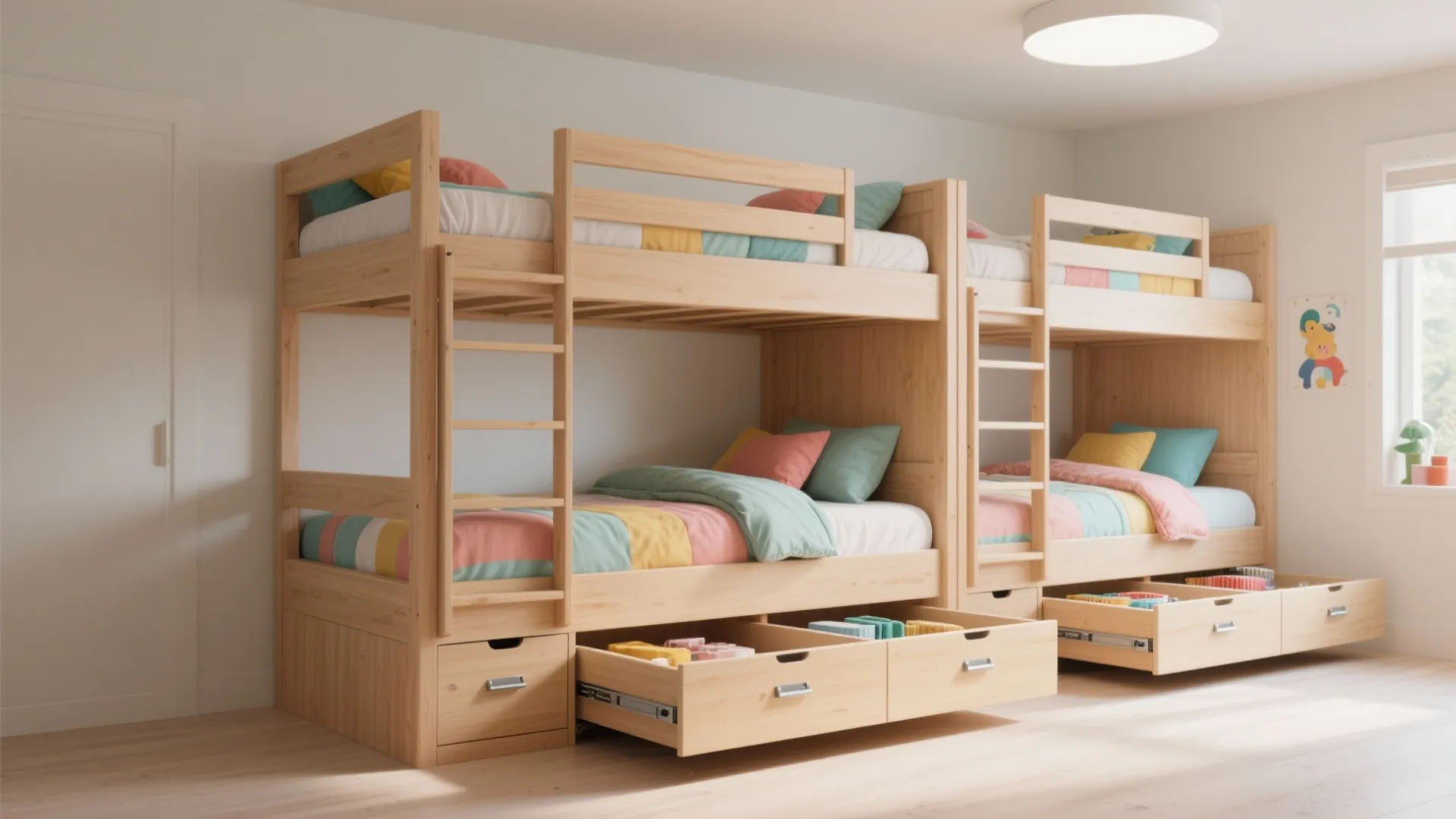 Two light wood bunk beds with colorful bedding and open storage drawers in white room