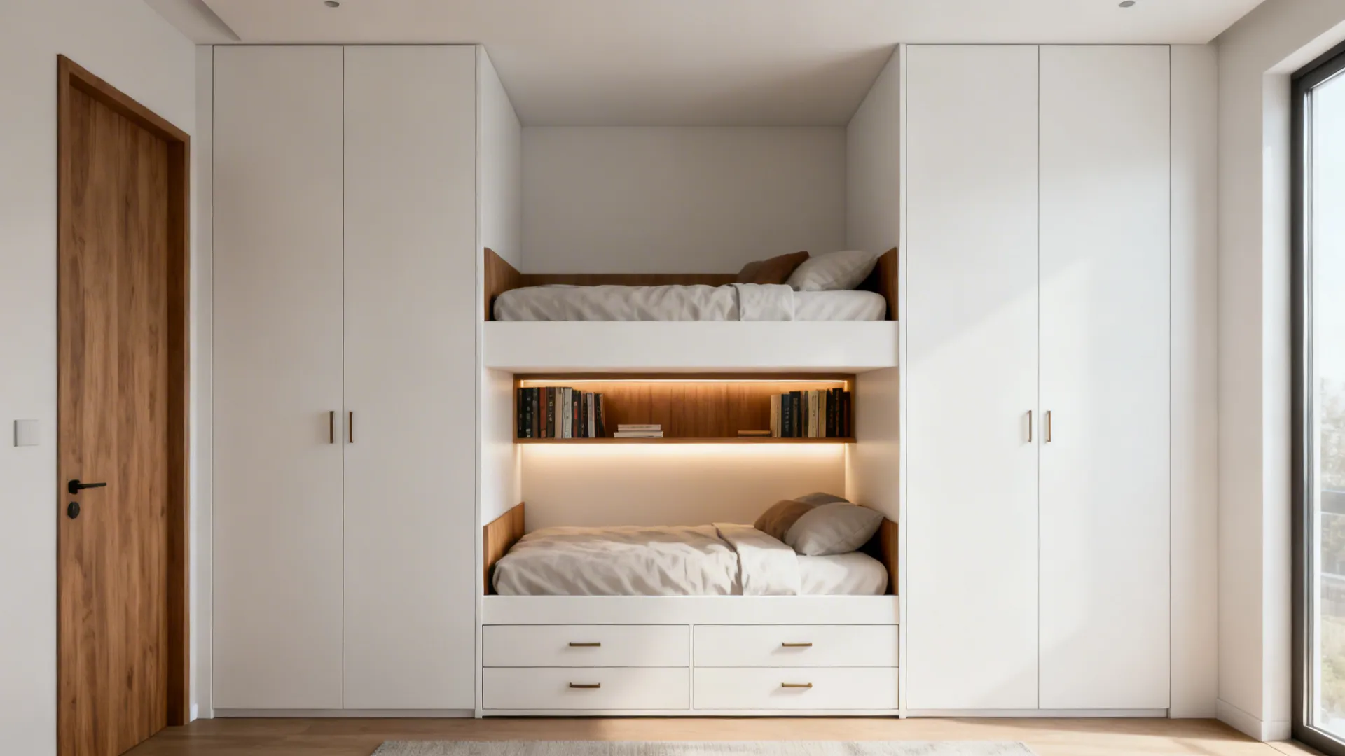 1. Stacked cabinet bunks with integrated storage