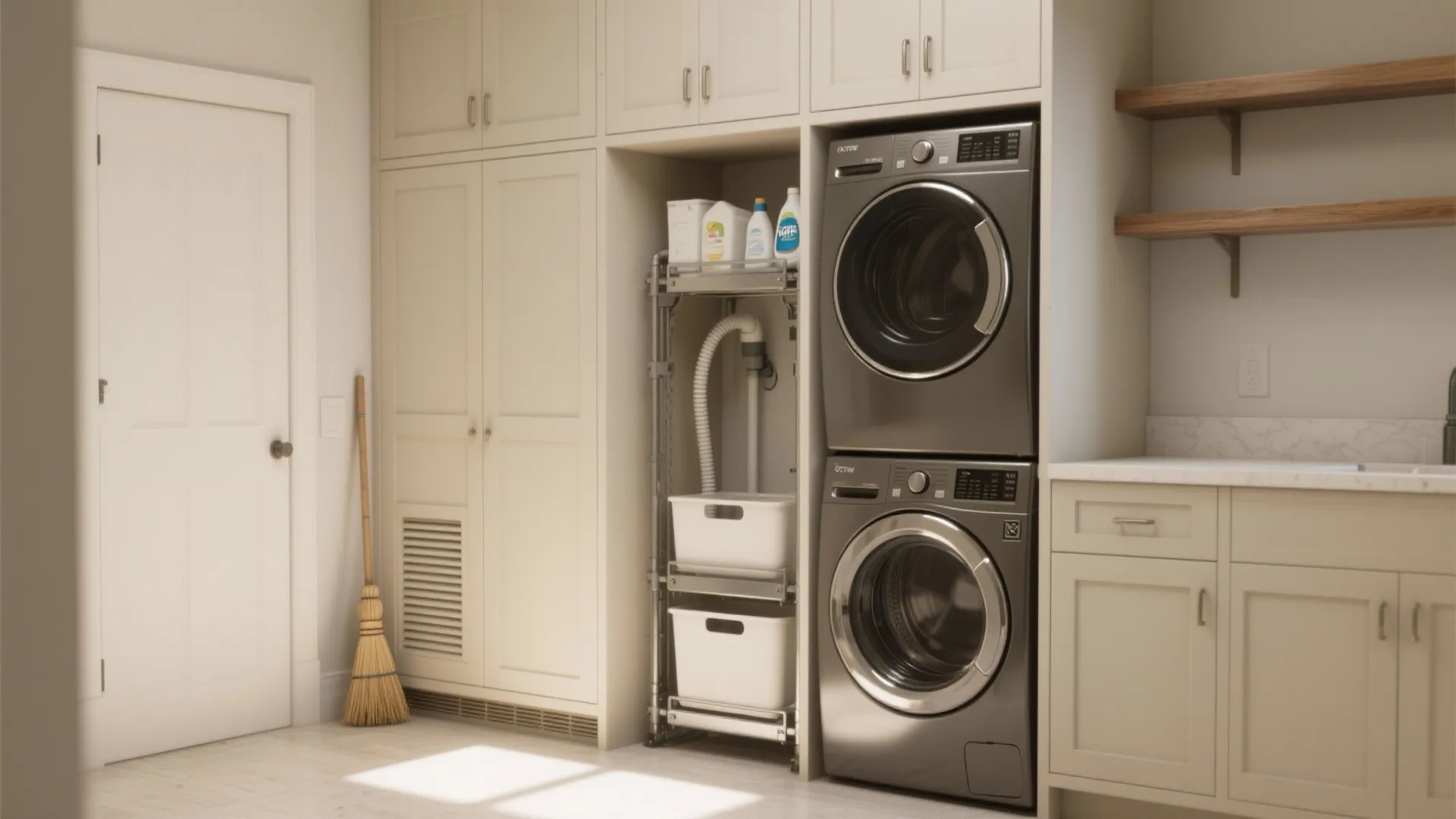 1. Stack, hide, and style: built-in cabinets around stacked machines