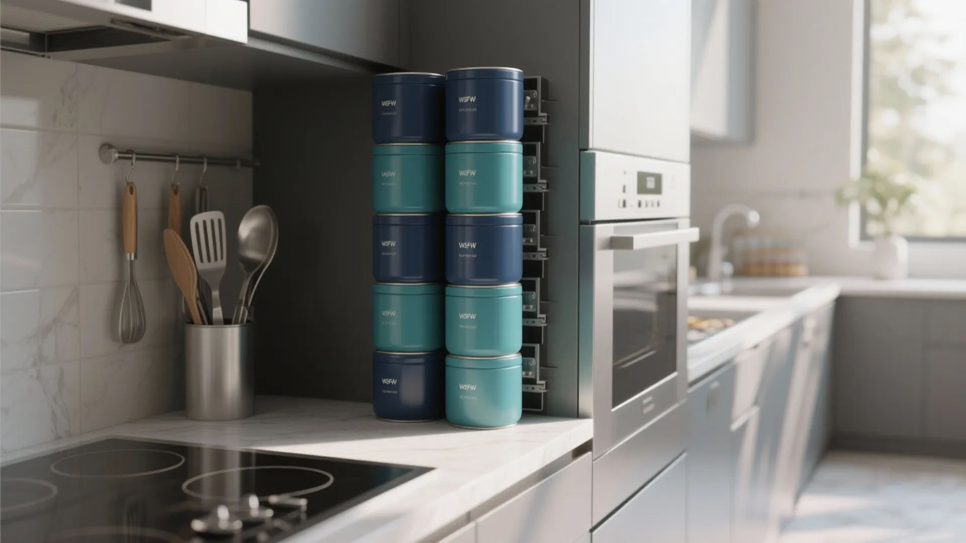 Modern kitchen with blue metal containers stacked on the white counter next to an oven