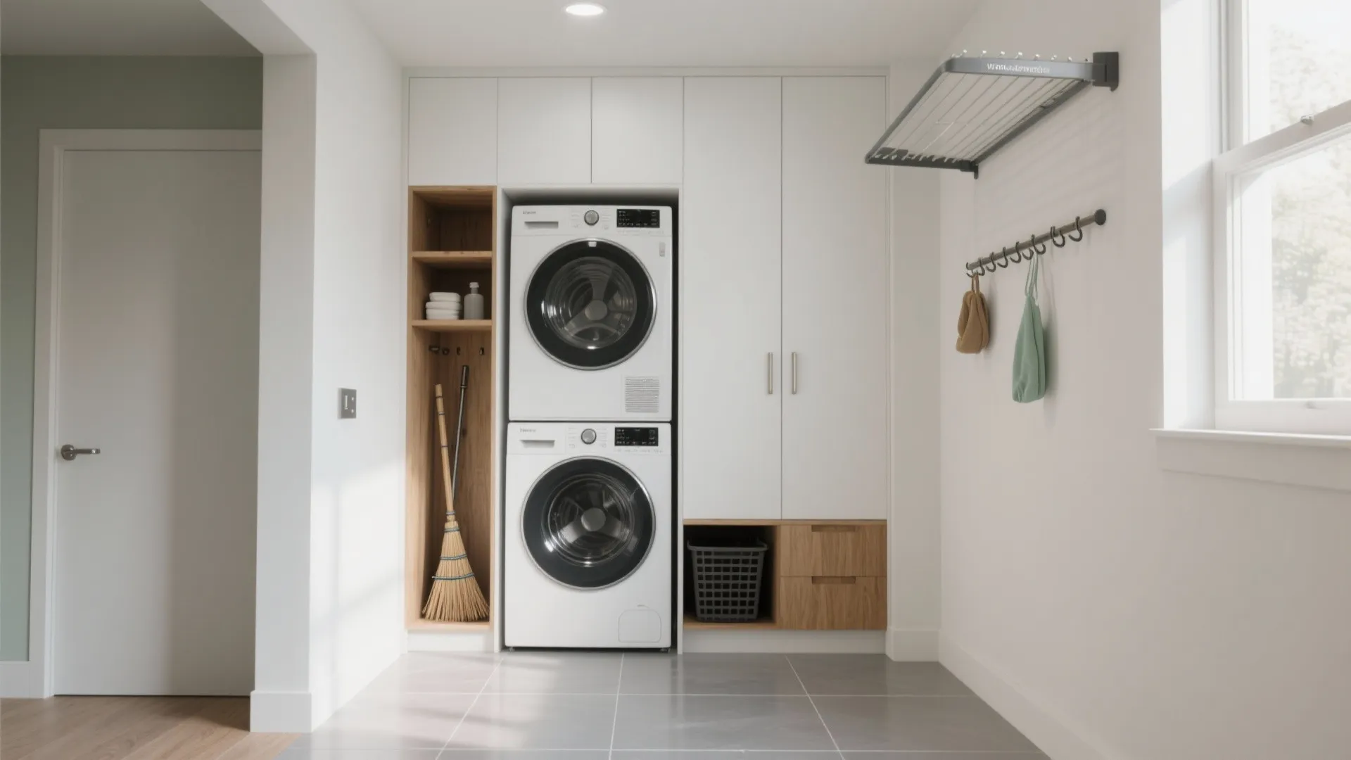 Go vertical: stacked machines, tall storage, and a ceiling rack