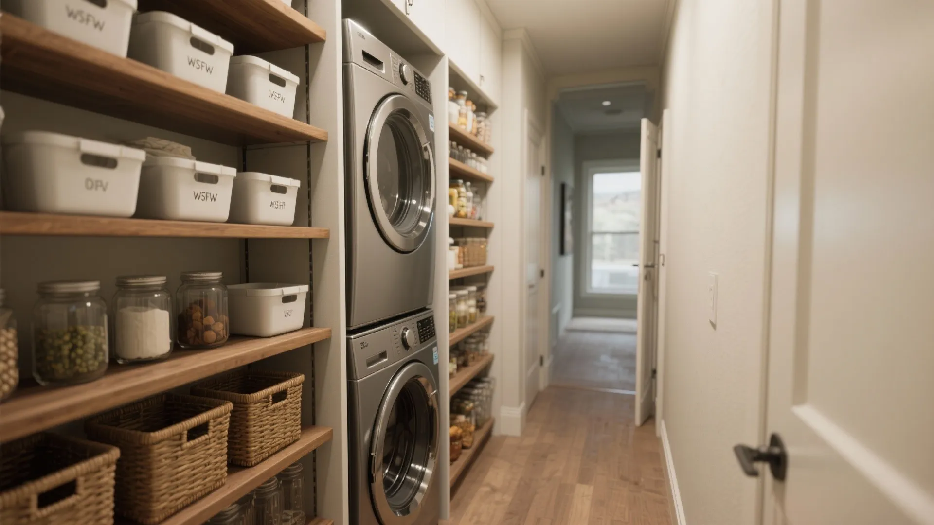 Stacked Washer-Dryer Closet with Vertical Pantry Shelving