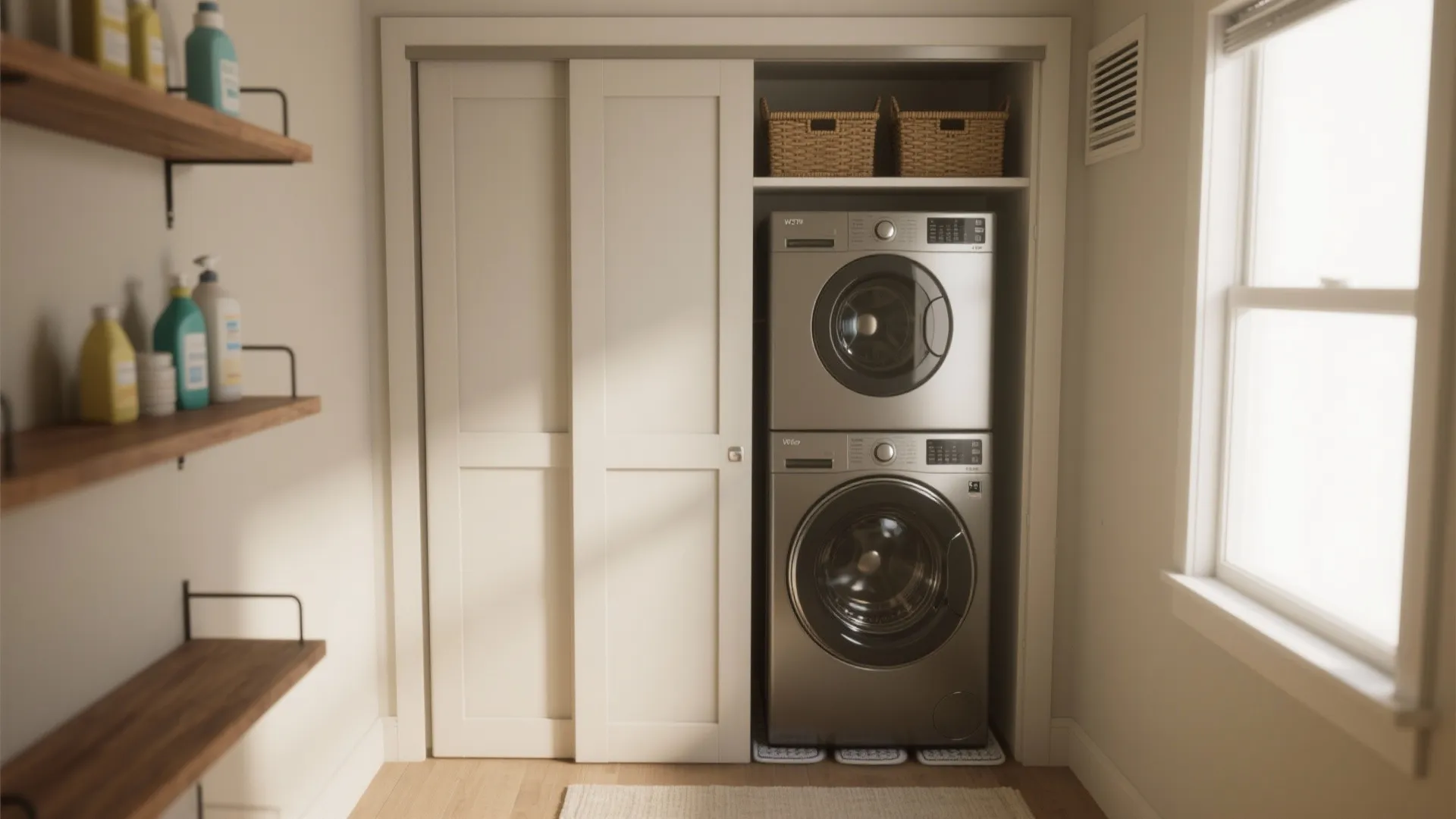 Closet with a stacked washer and dryer, shelving above, vent clearance and anti-vibration pads visible.