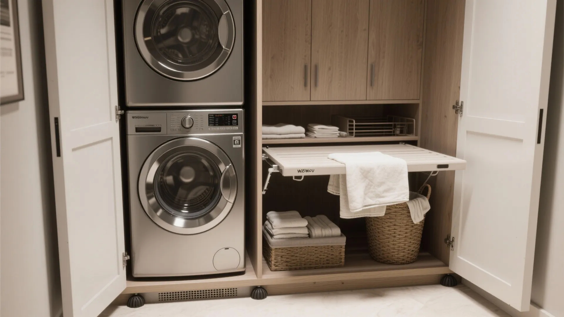 Inside a wooden laundry closet showing stacked silver washing machines and white pull-out folding shelf