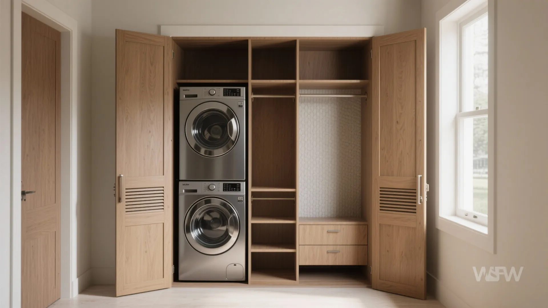 1. Stack and tuck: Stacked washer-dryer closets