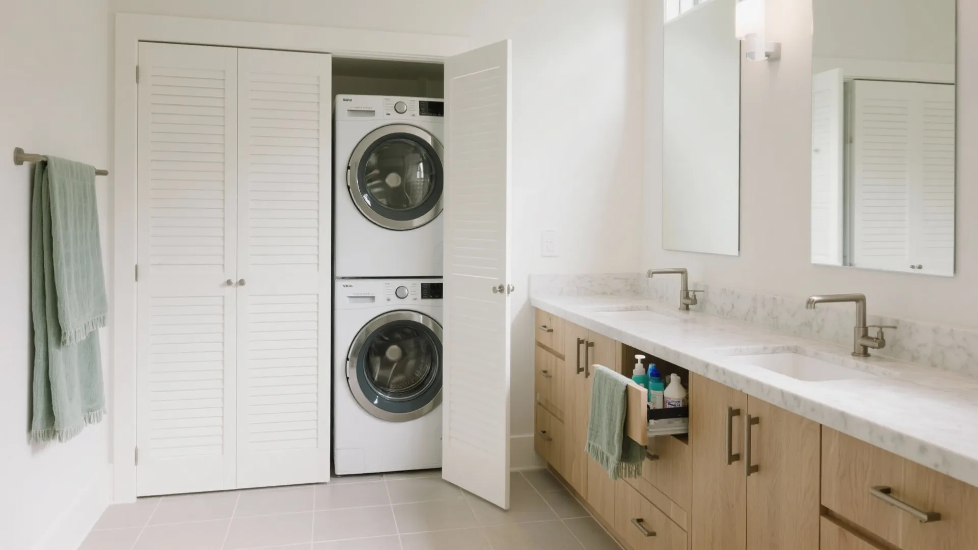 Bright bathroom with long marble vanity double sinks and stacked washing machine inside a white closet