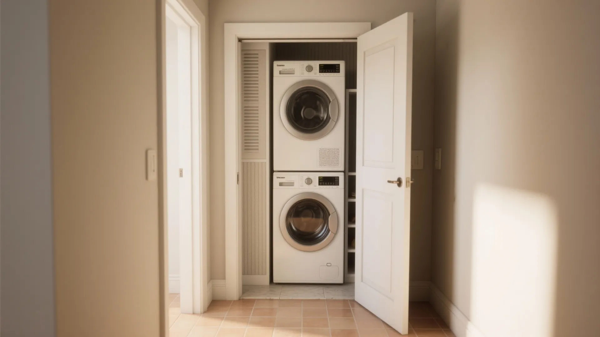 Small laundry closet with stacked white washing machine and dryer behind a white wooden door