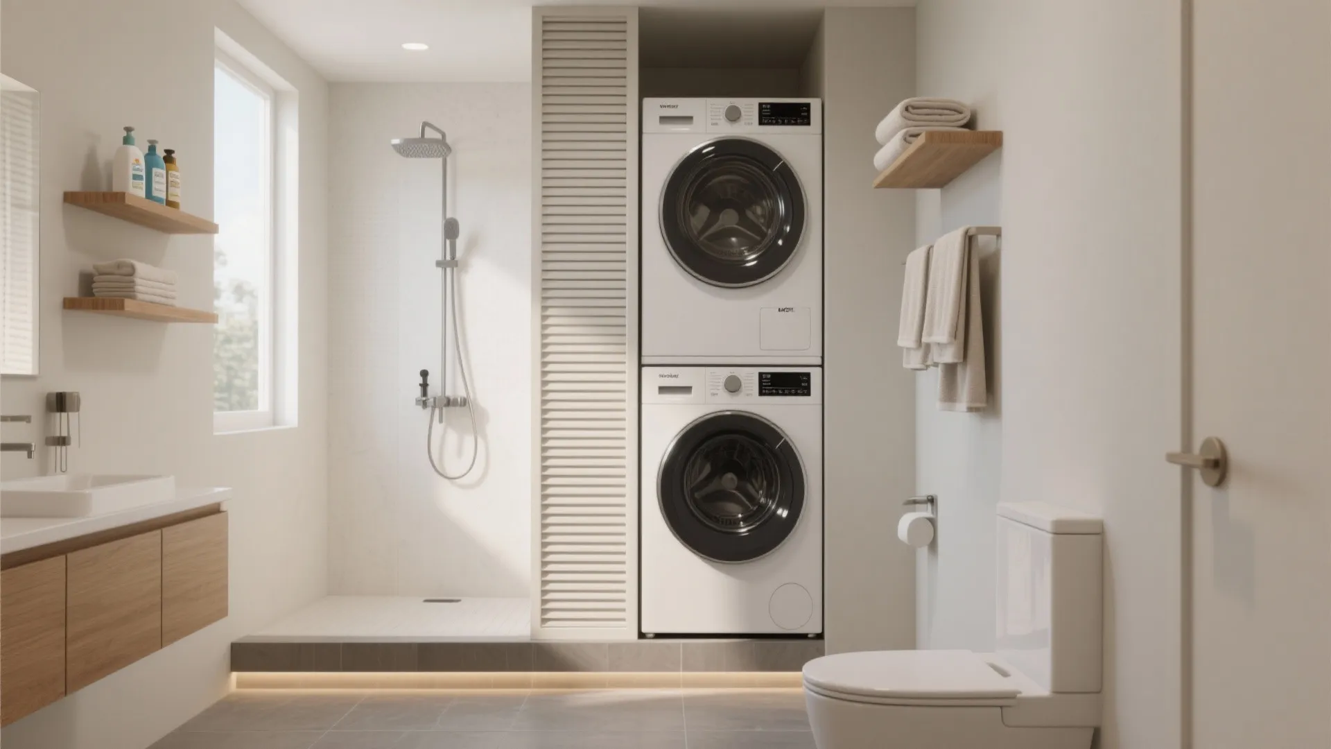 Stacked washer + dryer column behind a sliding door