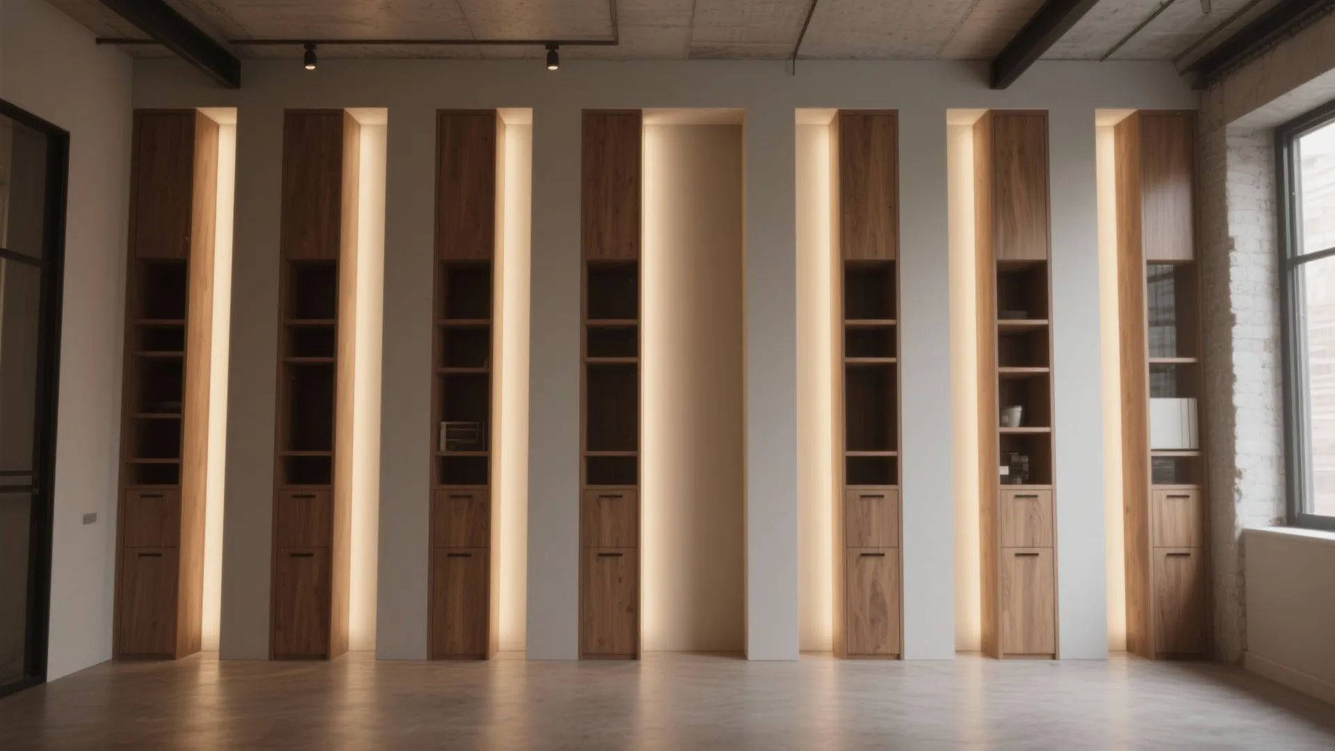 Multiple tall narrow wooden cabinets built into a white wall with warm yellow back lights