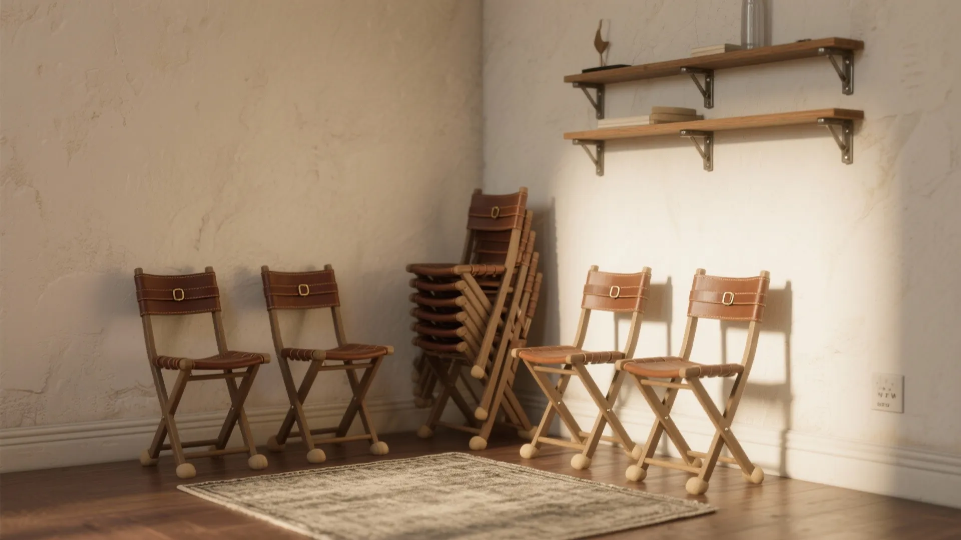 Four brown leather folding chairs and stacked chairs in corner with wooden shelves and rug