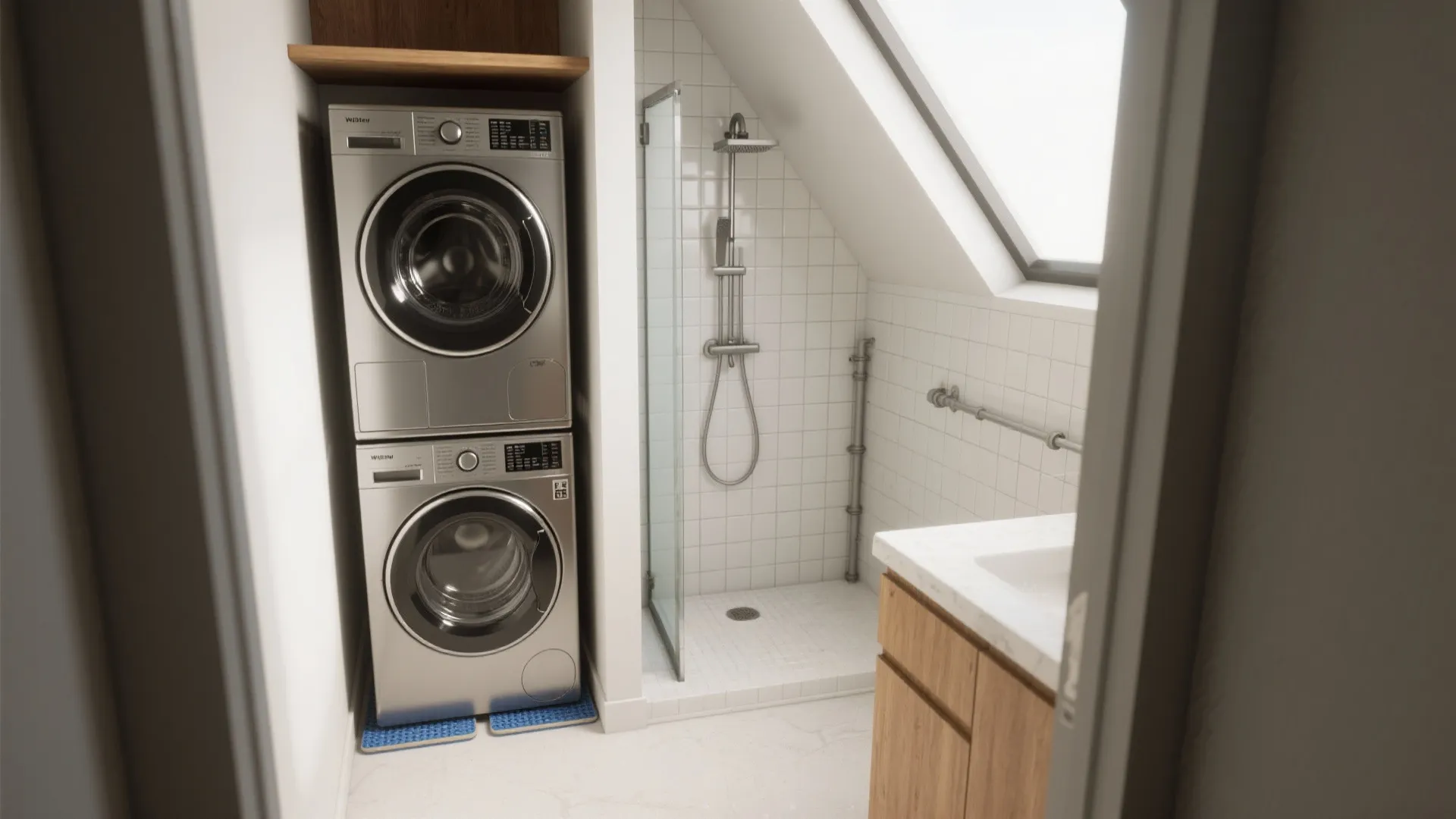 Stacked washer-dryer next to a corner neo-angle shower in a compact bathroom-laundry layout.