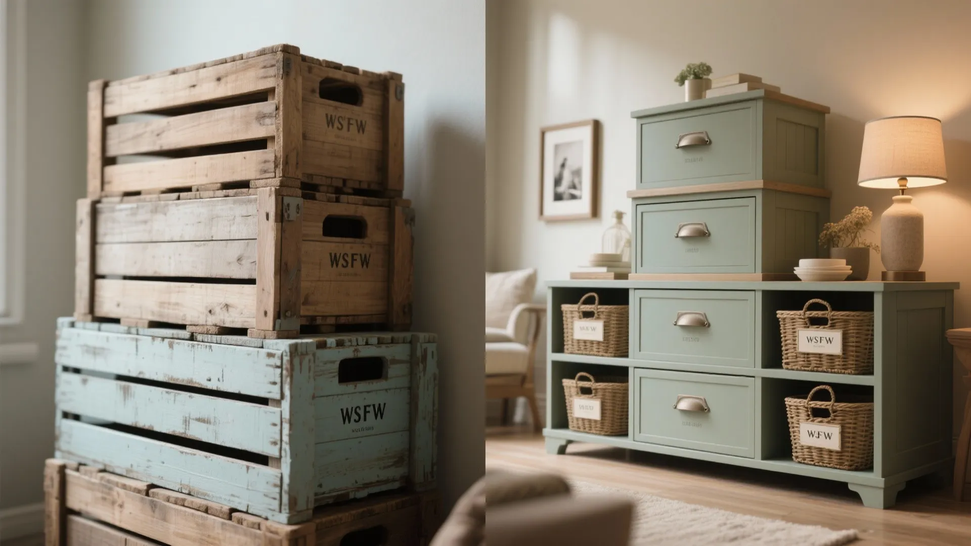 Stacked wooden storage crates next to a green cabinet with drawers and woven storage baskets