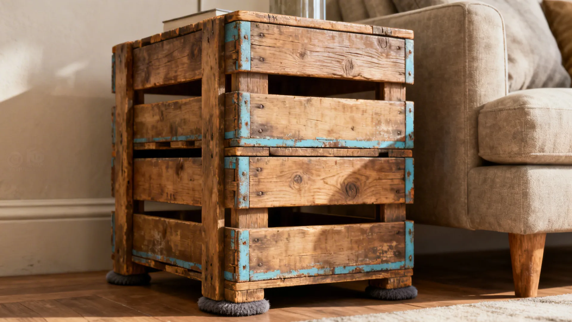 Side table made from stacked wooden crates with blue paint next to a beige sofa