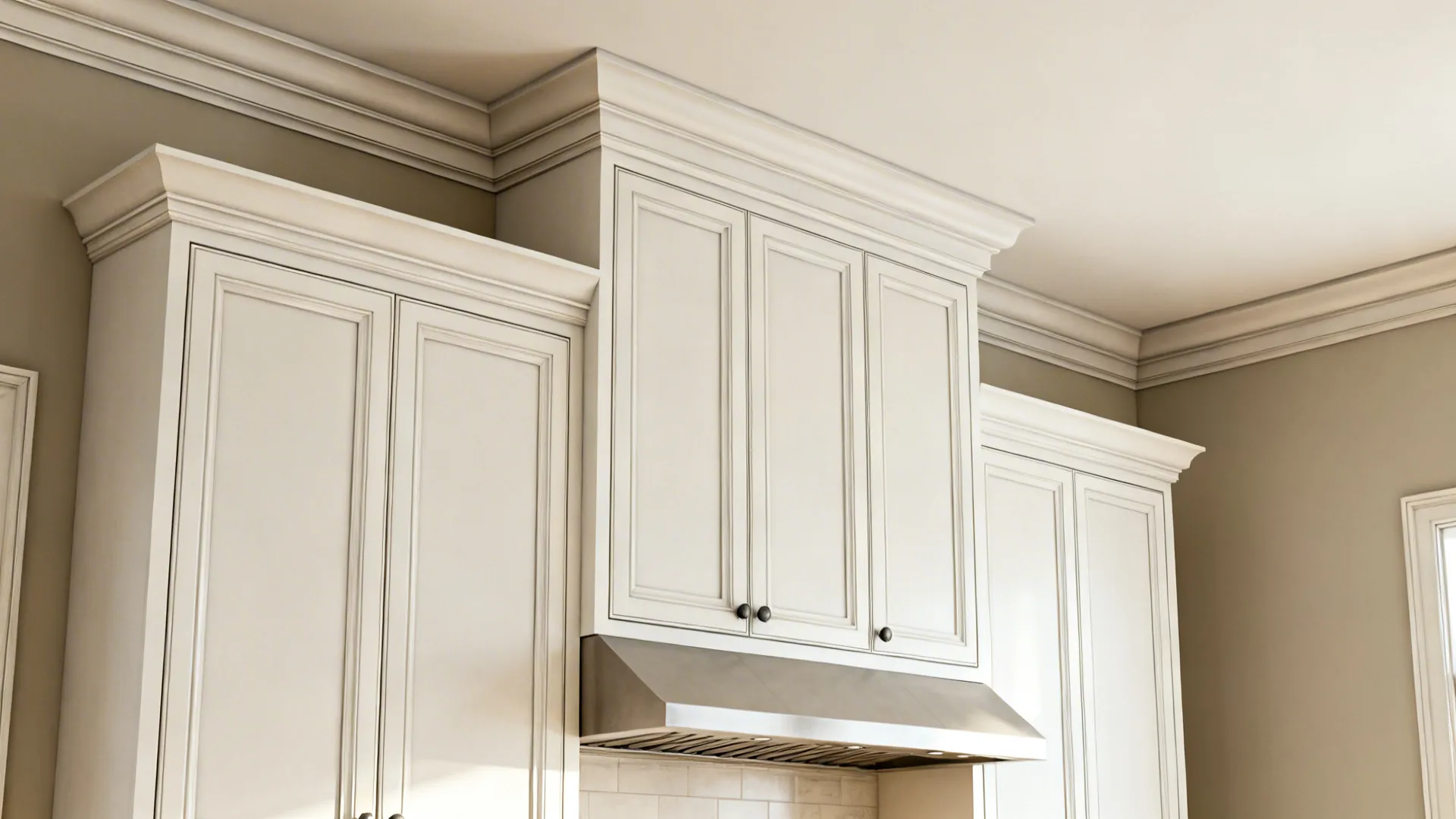 Stacked molding—filler, frieze, and crown—extends cabinets to the ceiling.