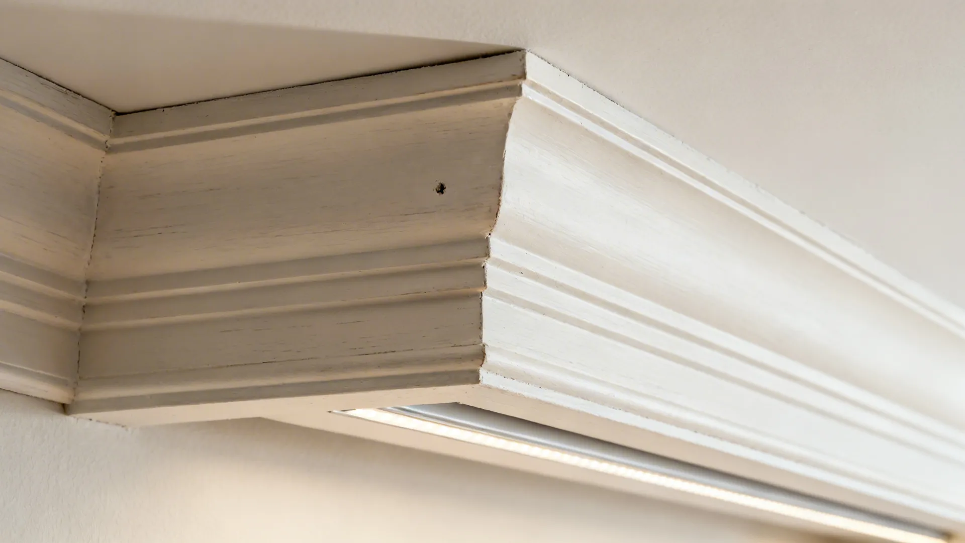 Macro detail of stacked crown layers and light rail with clean coping and paint finish.