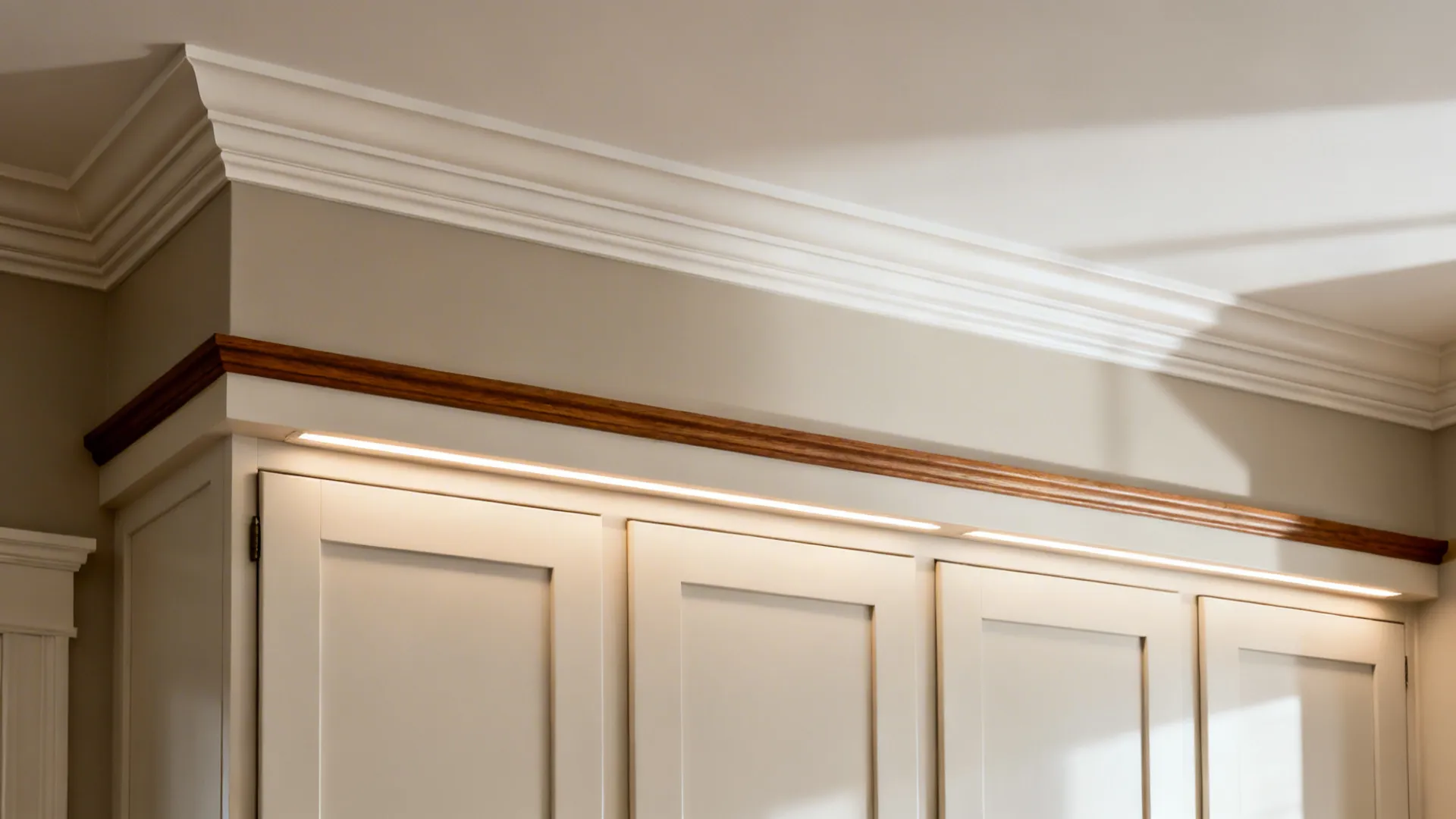 Layered stacked crown above cabinets with a matching light rail shielding LED task lights.