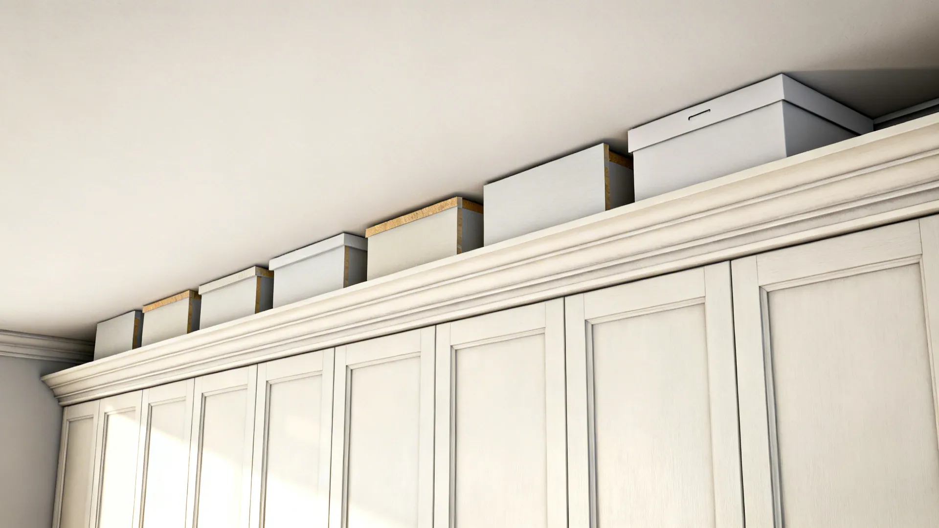 Top-down view illustrating layered filler, frieze, and crown at cabinet top.