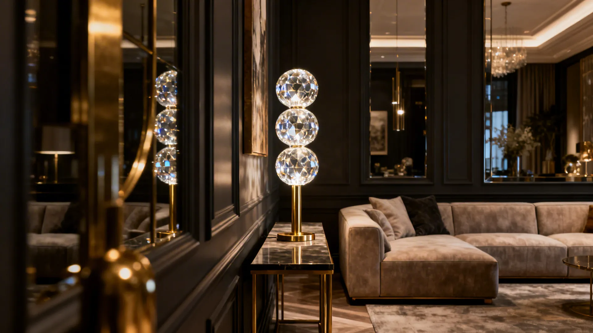 Narrow console table with a stacked crystal spheres lamp on a brass stem, reflecting light into corners.