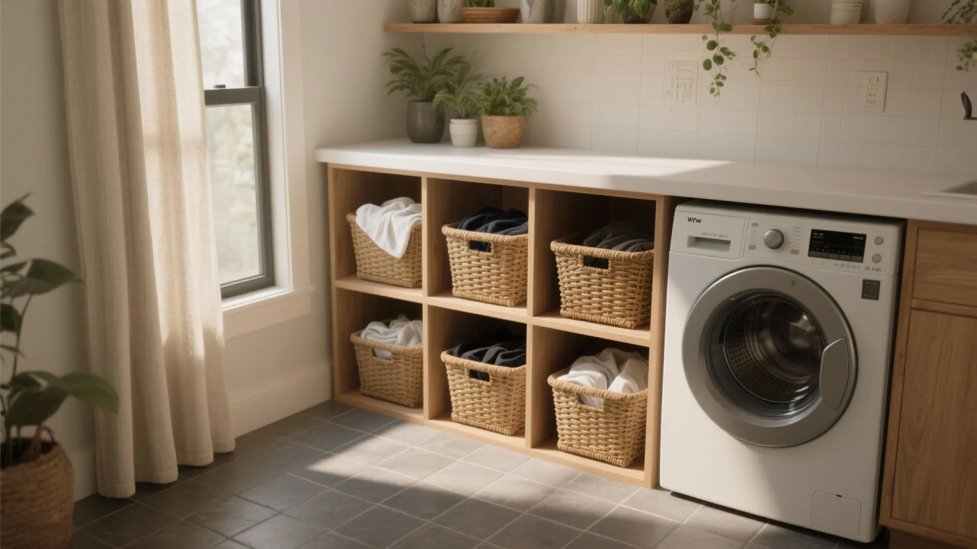 Bright laundry room featuring wooden storage cubes with woven baskets next to a washing machine