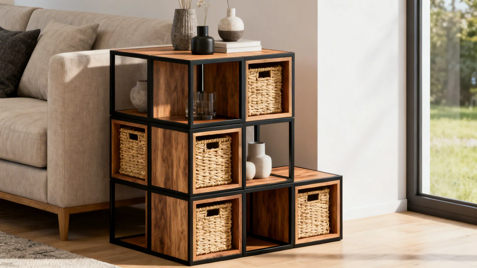 Modern wooden cube side table with black frames and woven baskets next to beige sofa
