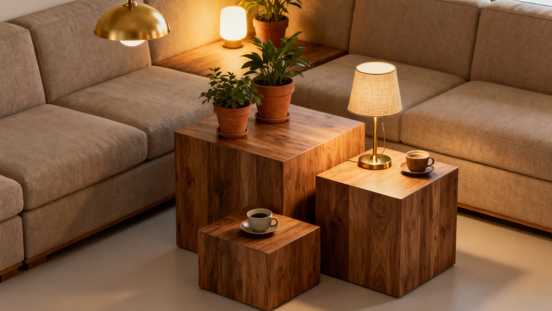 Three stacked cube square tables of varying heights styled with plants and a lamp