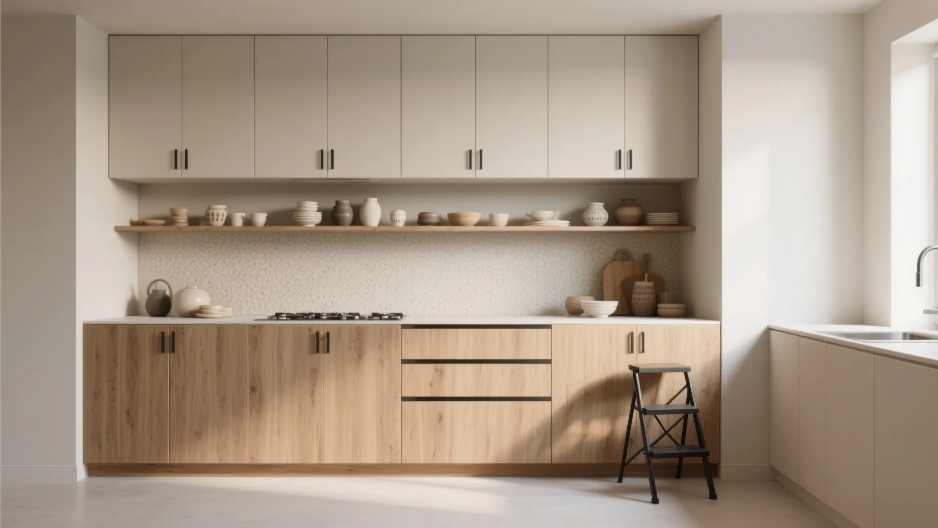 1. Vertical stacked cupboards with open shelves