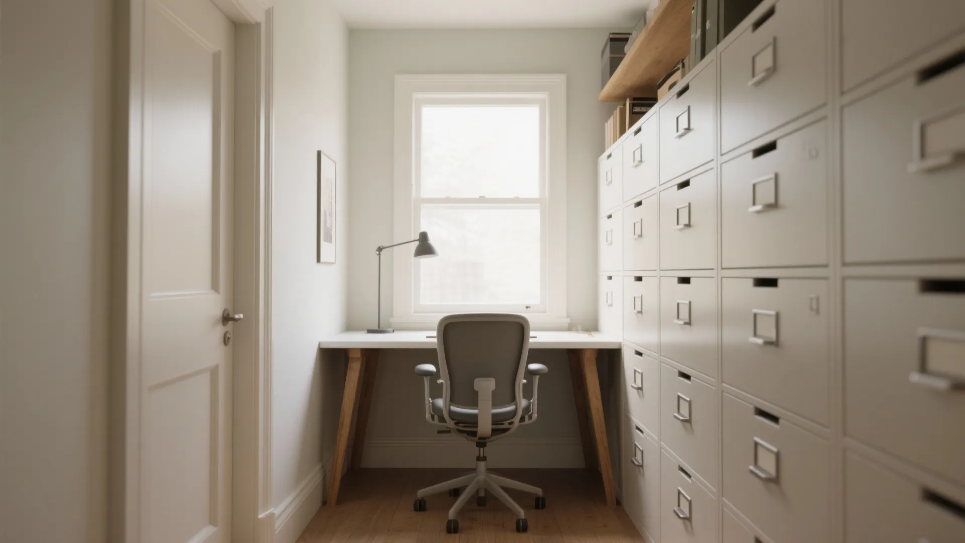 Small home office with a white desk grey chair and many storage drawers for organized files