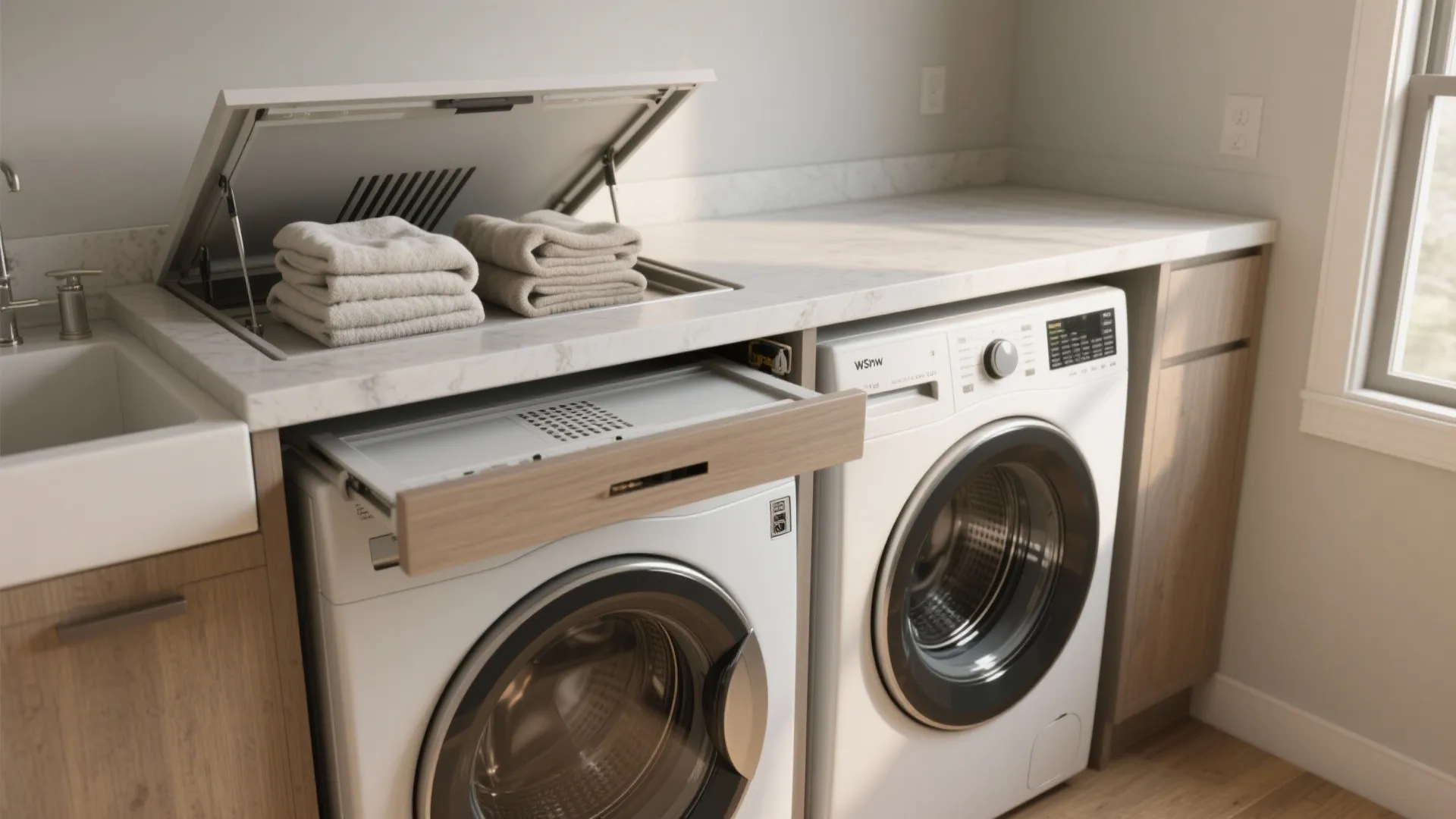 3. Counter over stacked machines with drop leaf