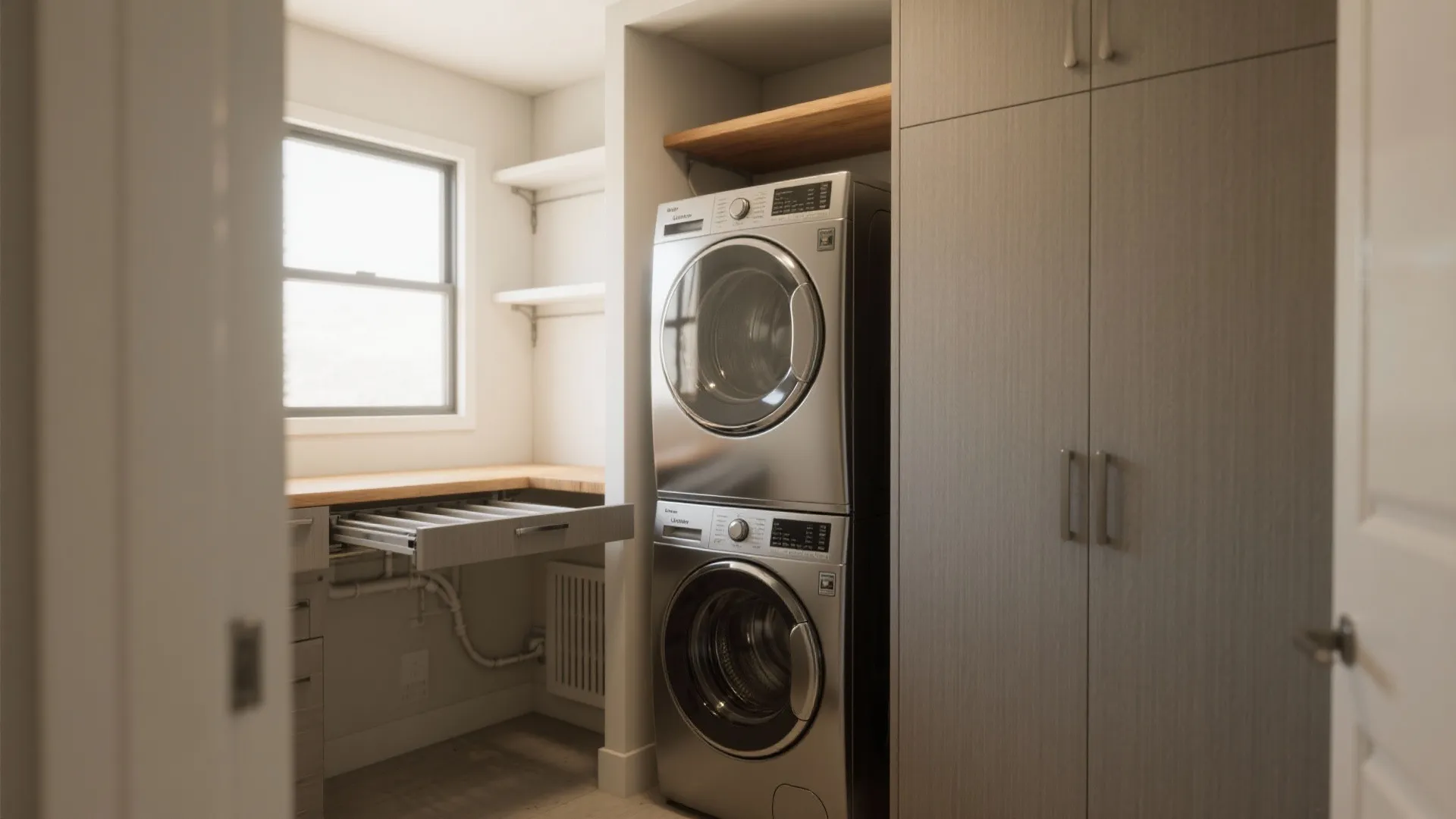 Stacked washer and dryer in a narrow closet with a shallow pull-out shelf for folding clothes.