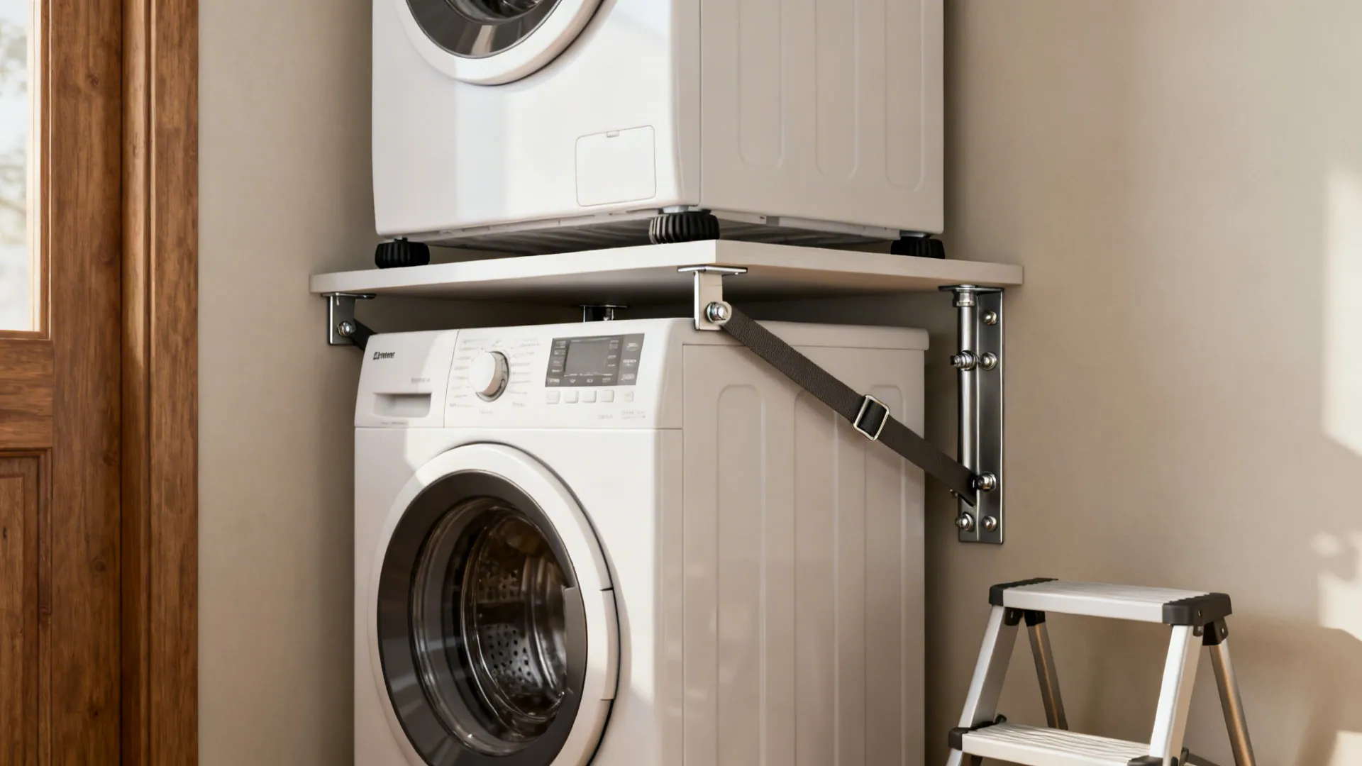 Top-load washer with compact dryer on a bolted shelf and anti-tip brackets, step-stool at reach.