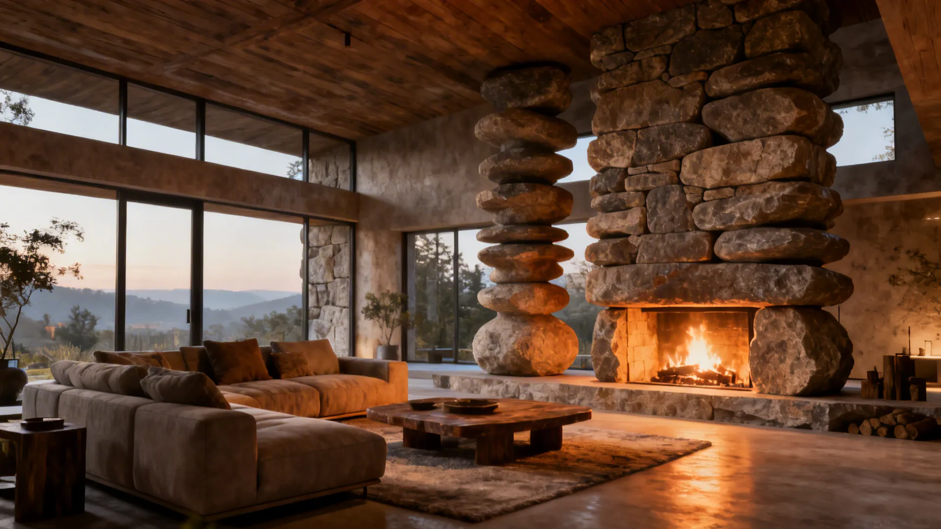 2. Stacked stone tiles around a fireplace