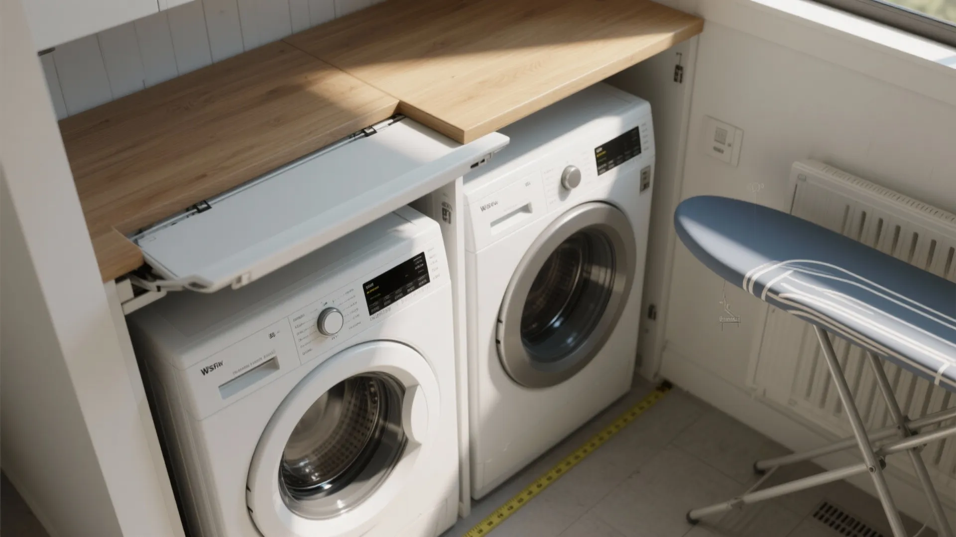 White washing machines under a wood countertop featuring a pull out folding tray and ironing board