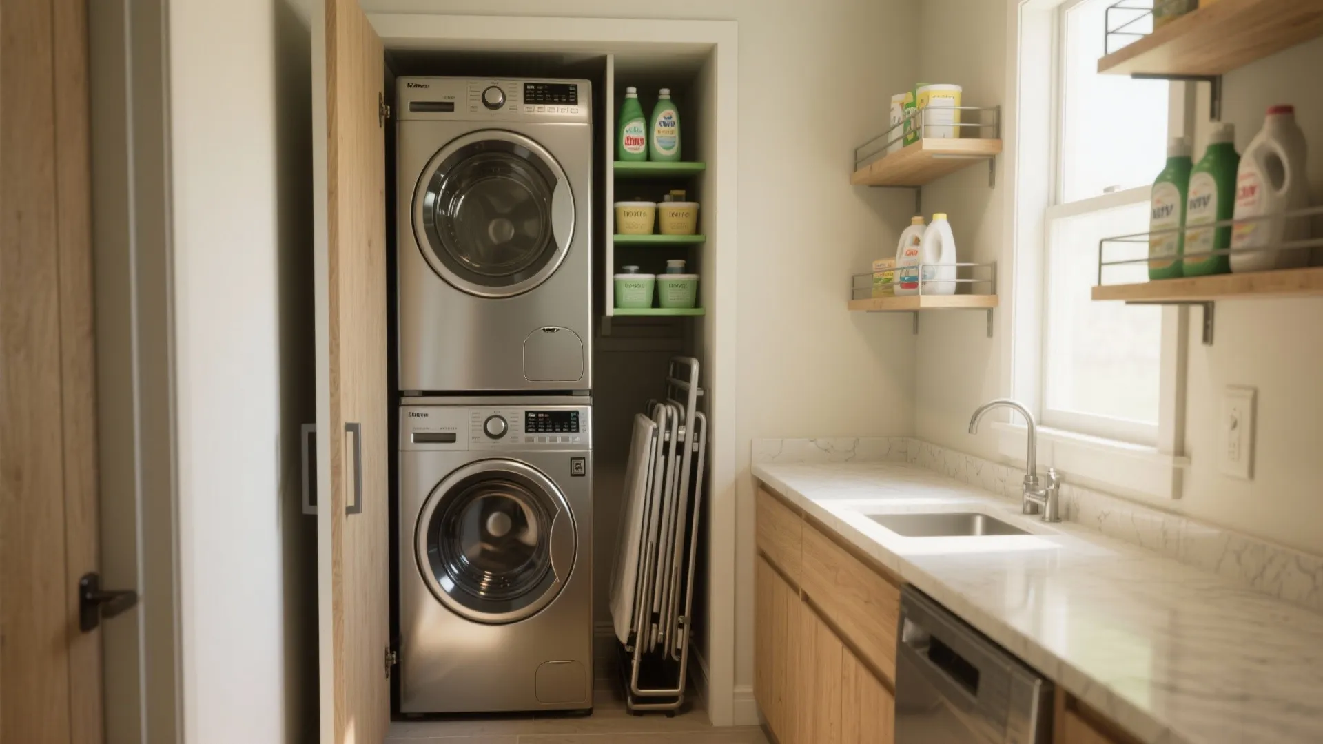 1. Stack the washer and dryer with a folding shelf