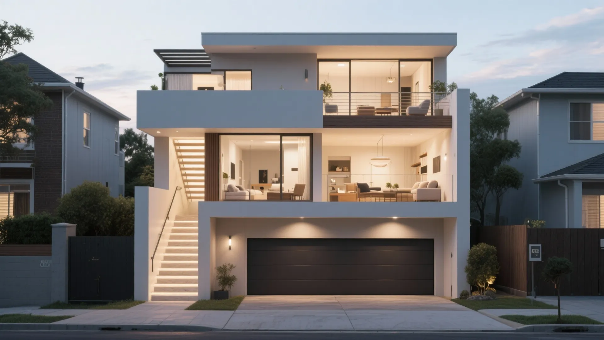 Split-level compact home with the garage beneath the living area shown in section and exterior view