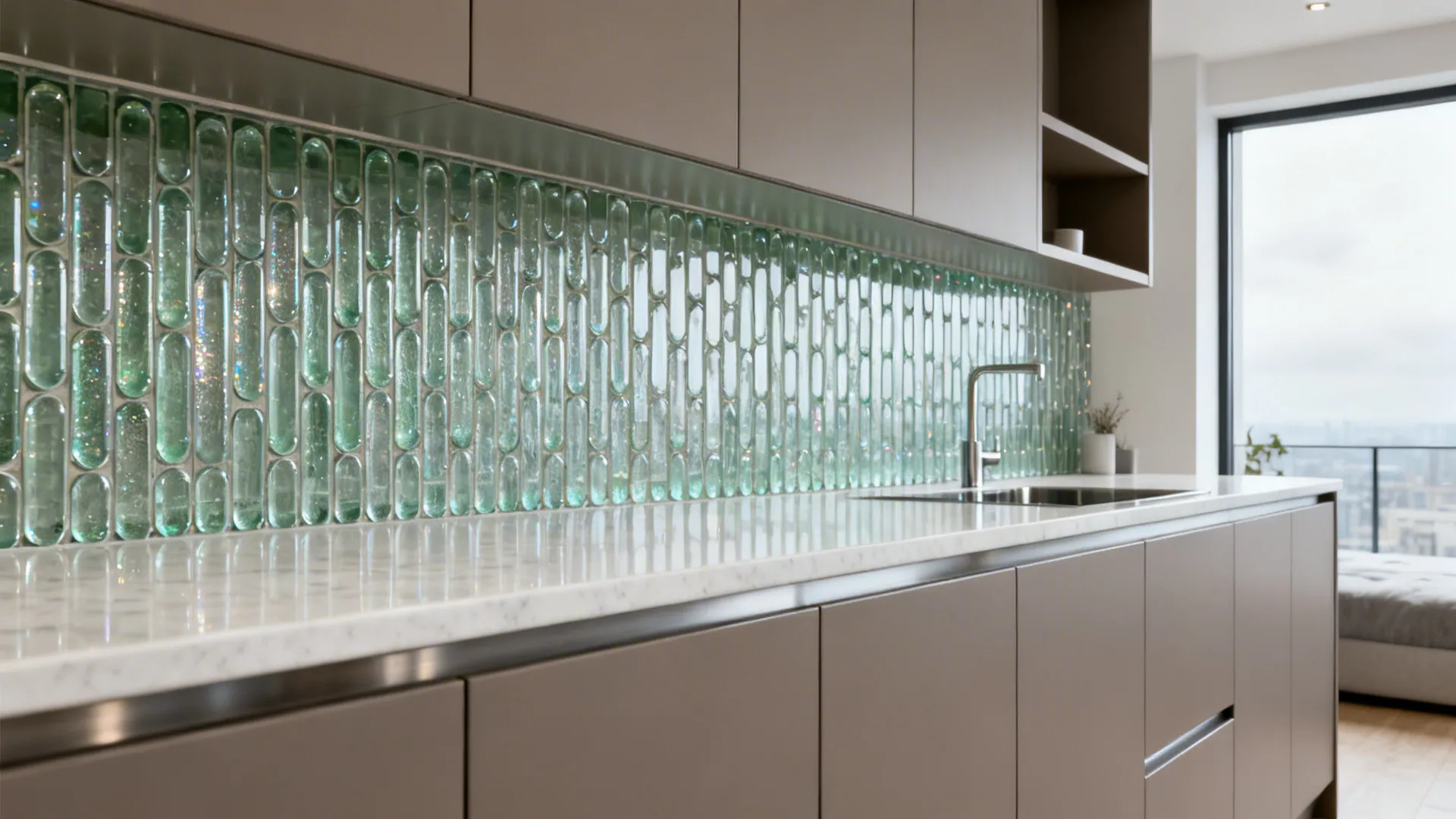 2) Stacked Glass Mosaic for Texture and Sparkle