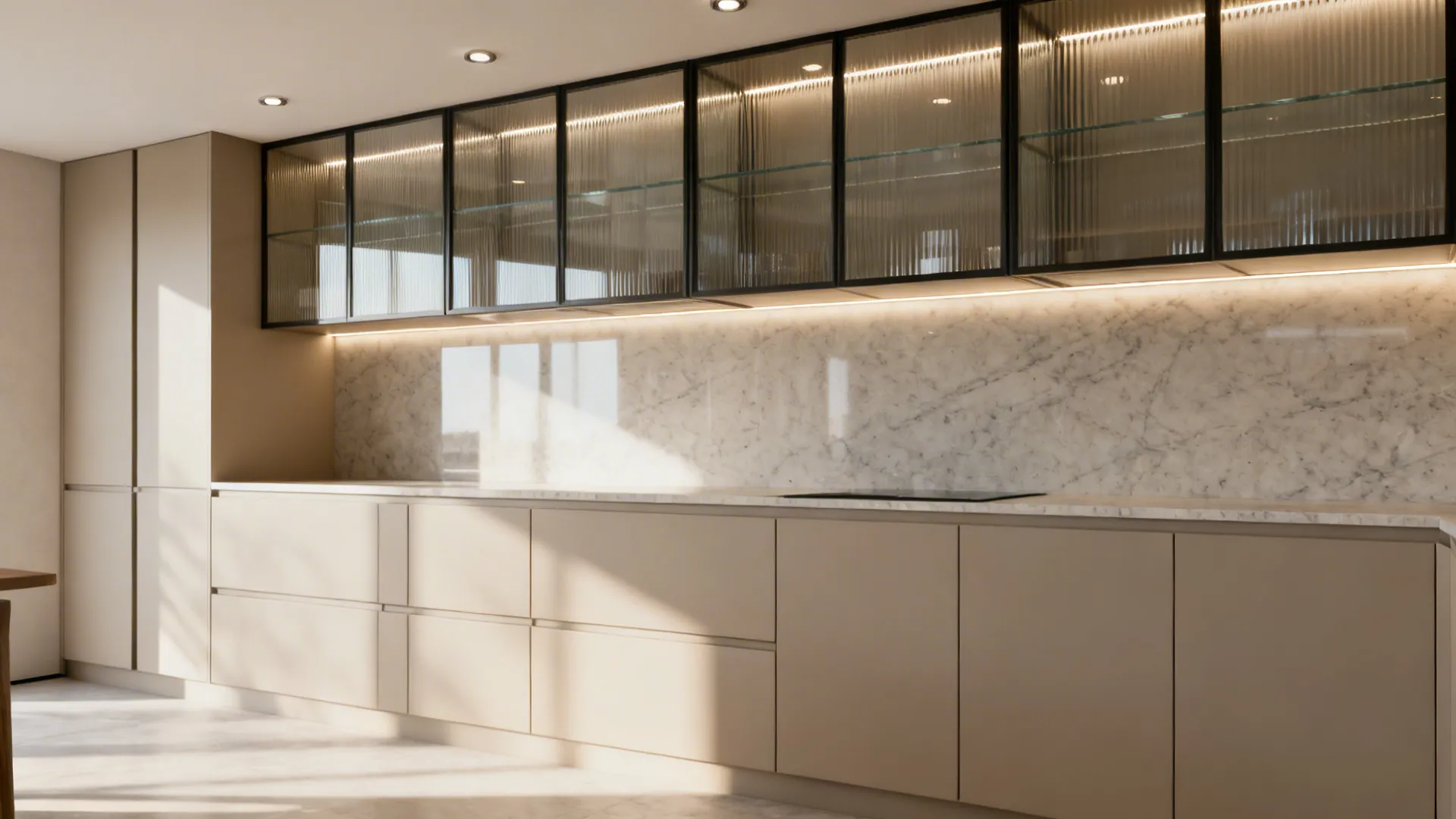 Stacked glass-front cabinets with soft LED glow soften the kitchen’s top line.