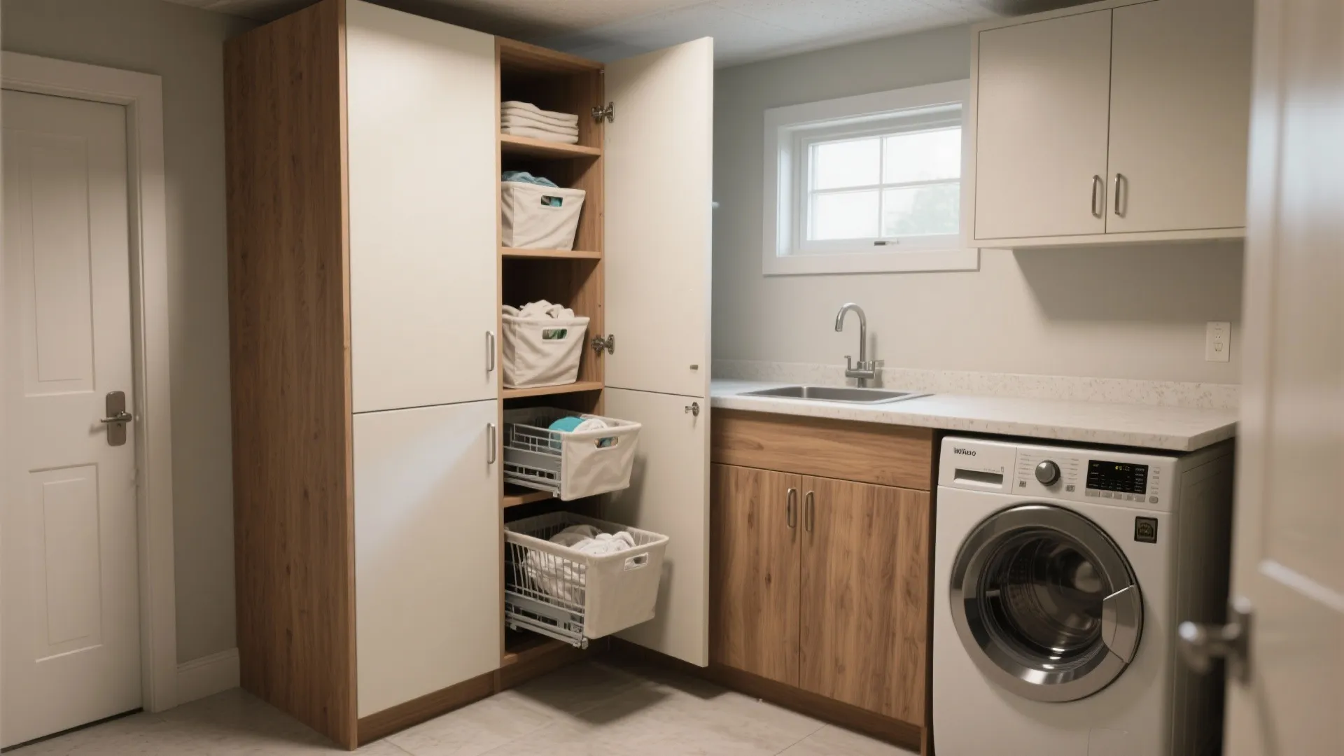 2. Stackable tall cabinets with integrated hampers