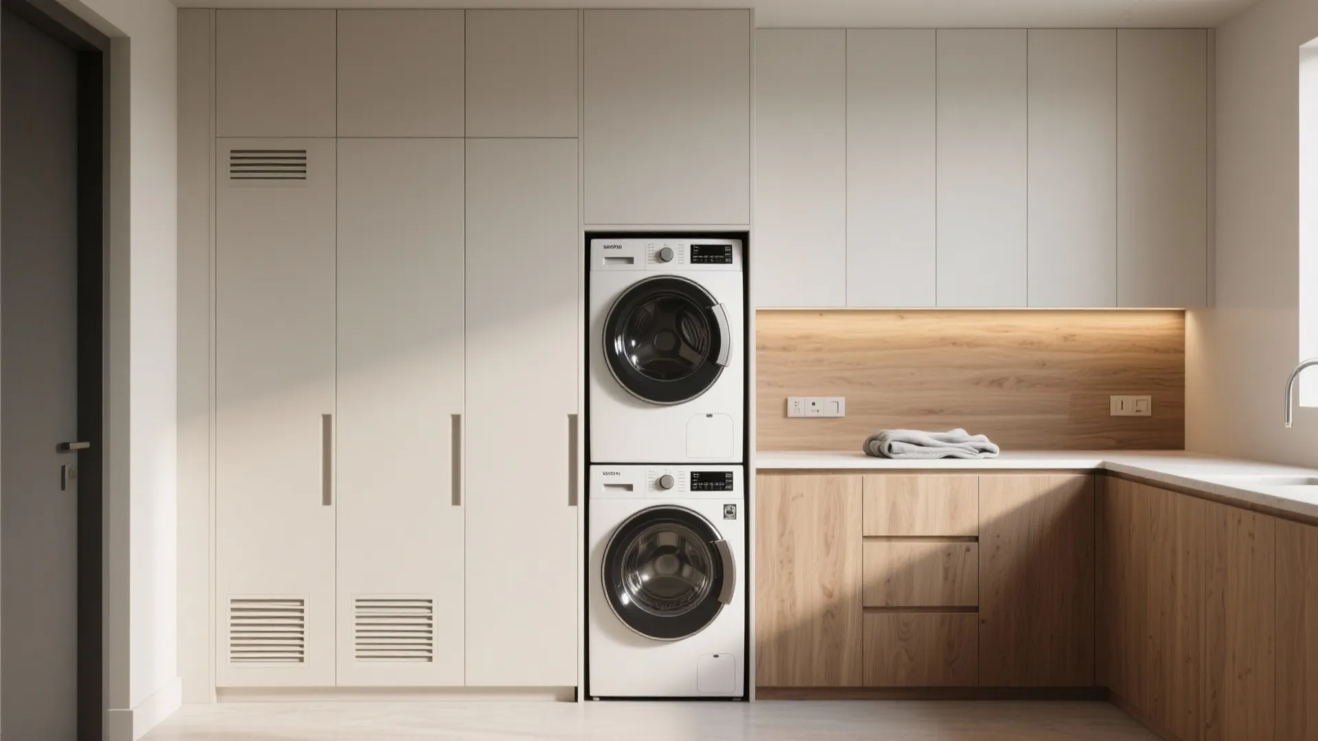 Modern laundry room with stacked washing machine and dryer built into white and wood cabinets