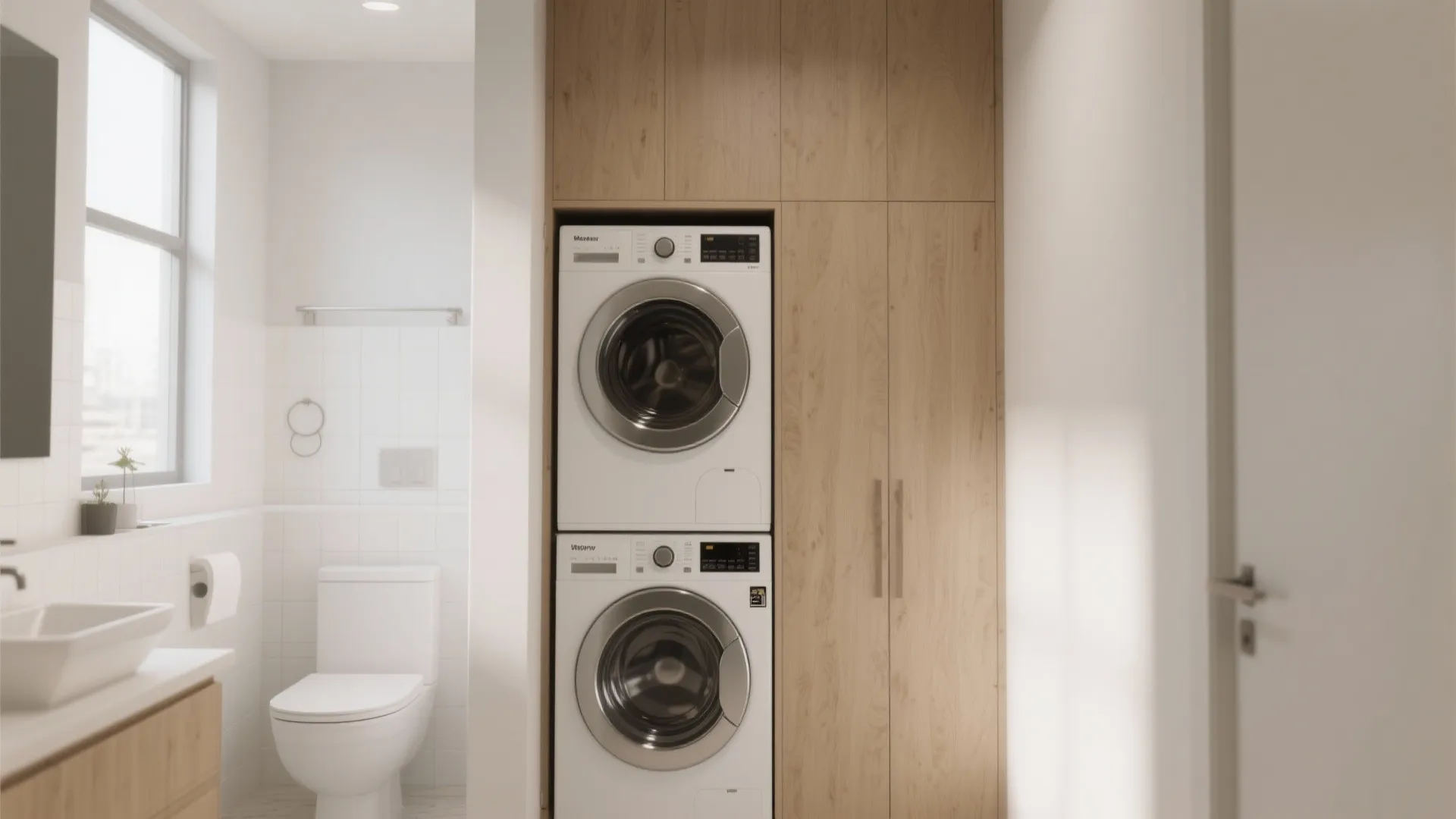 Small bathroom with stacked washer and dryer hidden in a tall cabinet