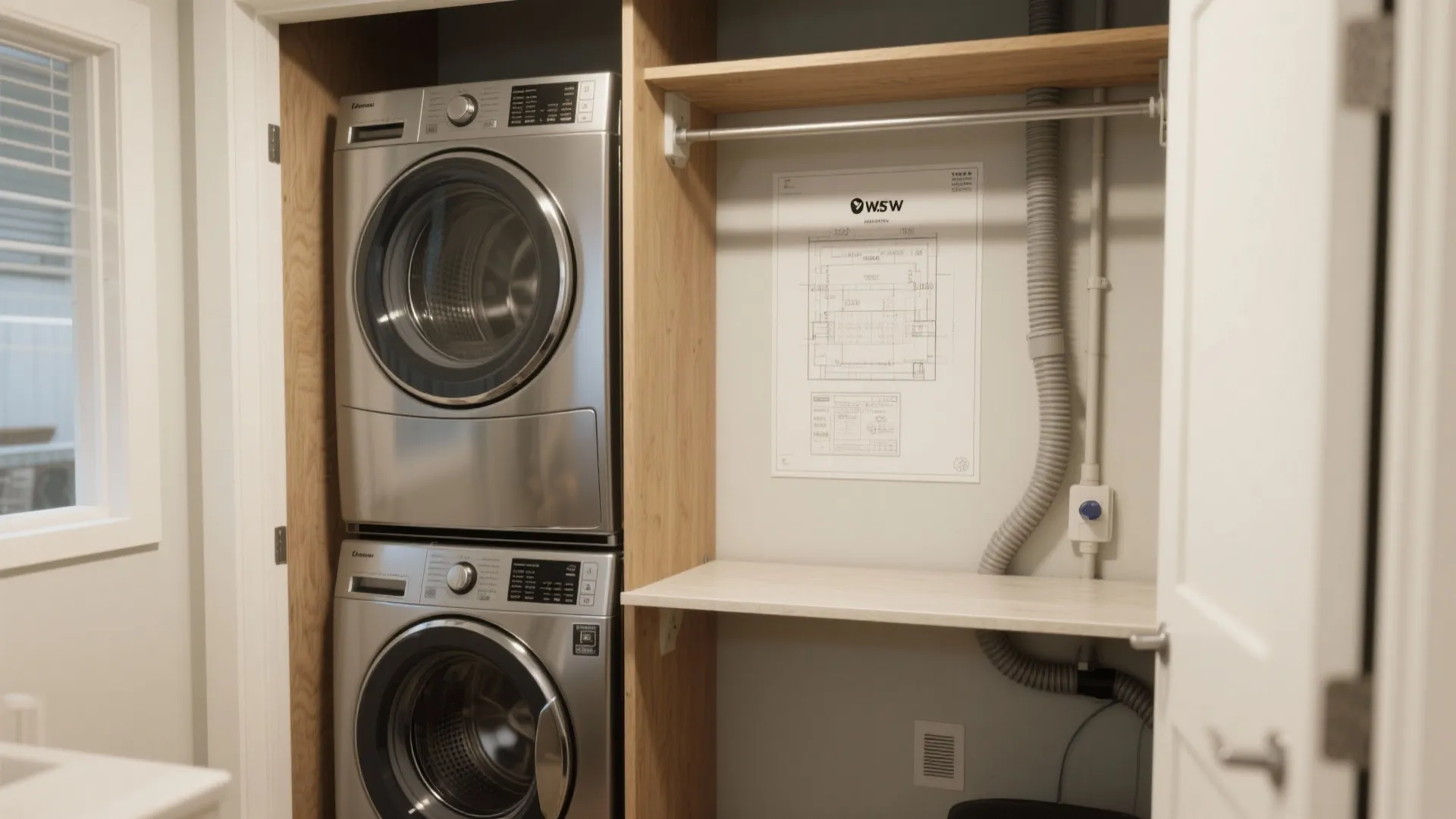 Stacked washer and dryer with a nearby dedicated folding shelf and a wall-mounted layout guide.