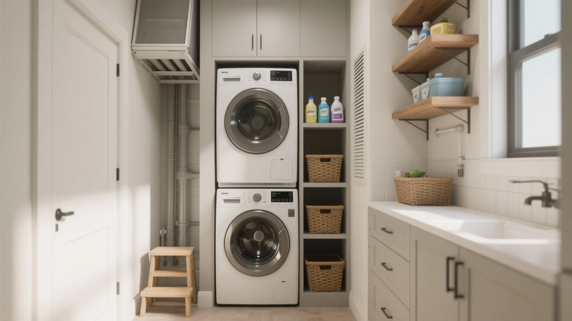 3. Stackable units with vertical storage and a folding shelf