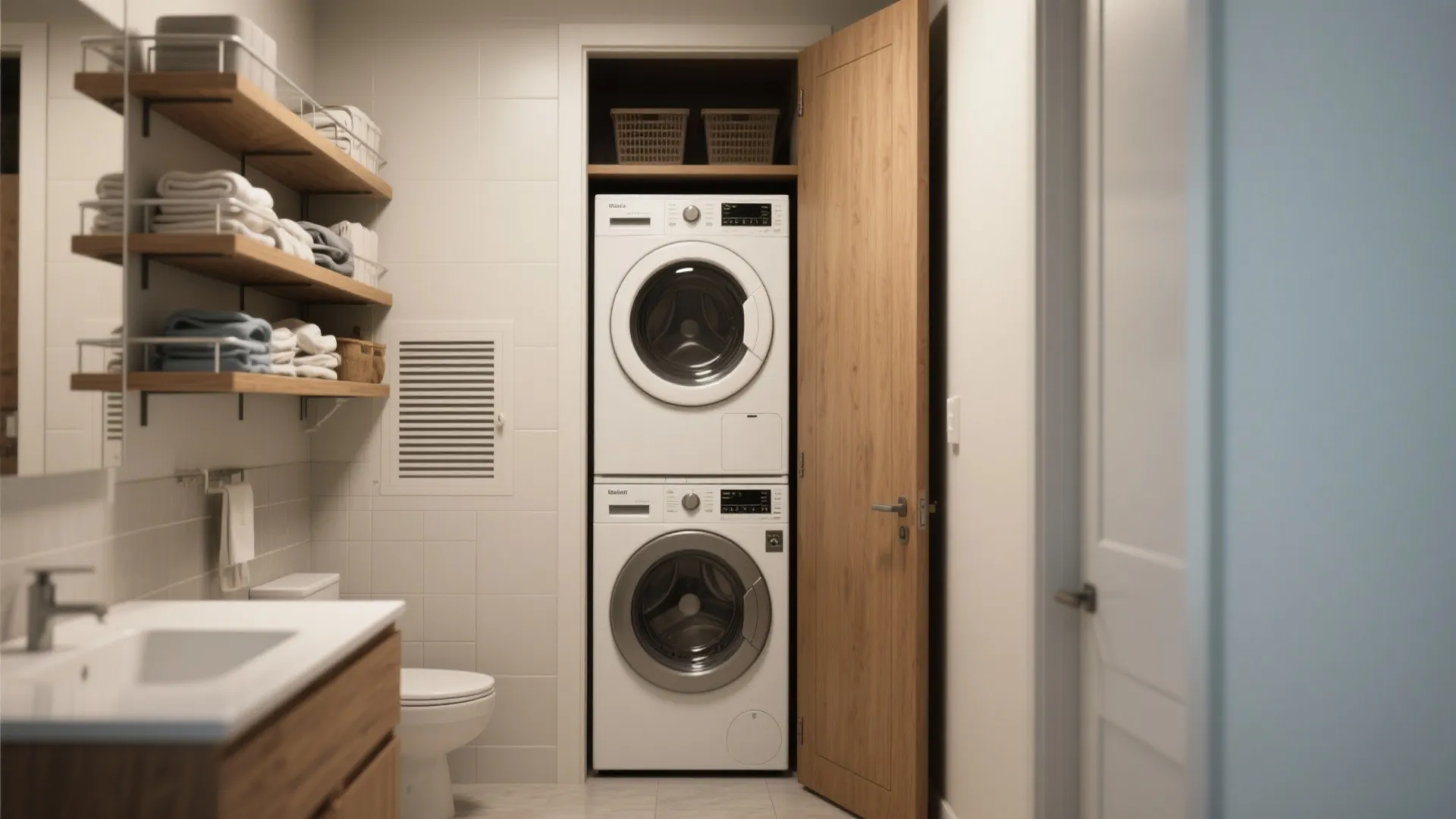 Shallow closet with stacked washer-dryer and pull-out shelves in a small bathroom.