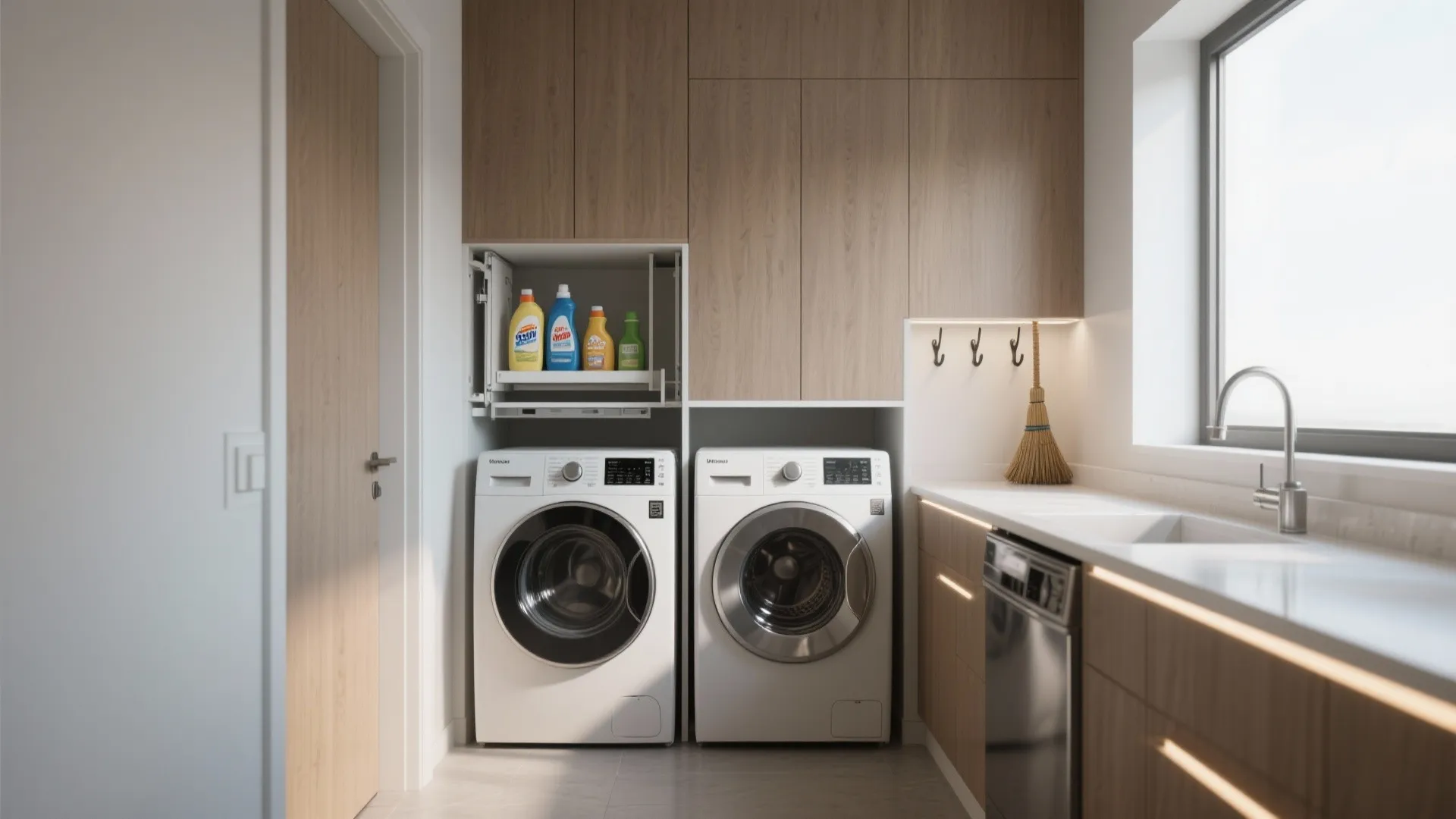 1. Stack and conceal: stacked washer + recessed cabinet