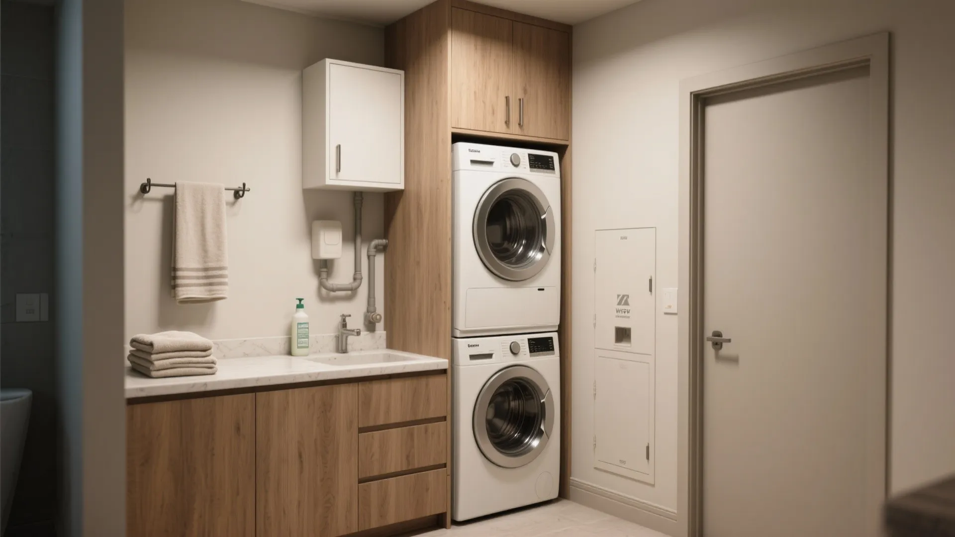 1. Compact stacked laundry with a folding station