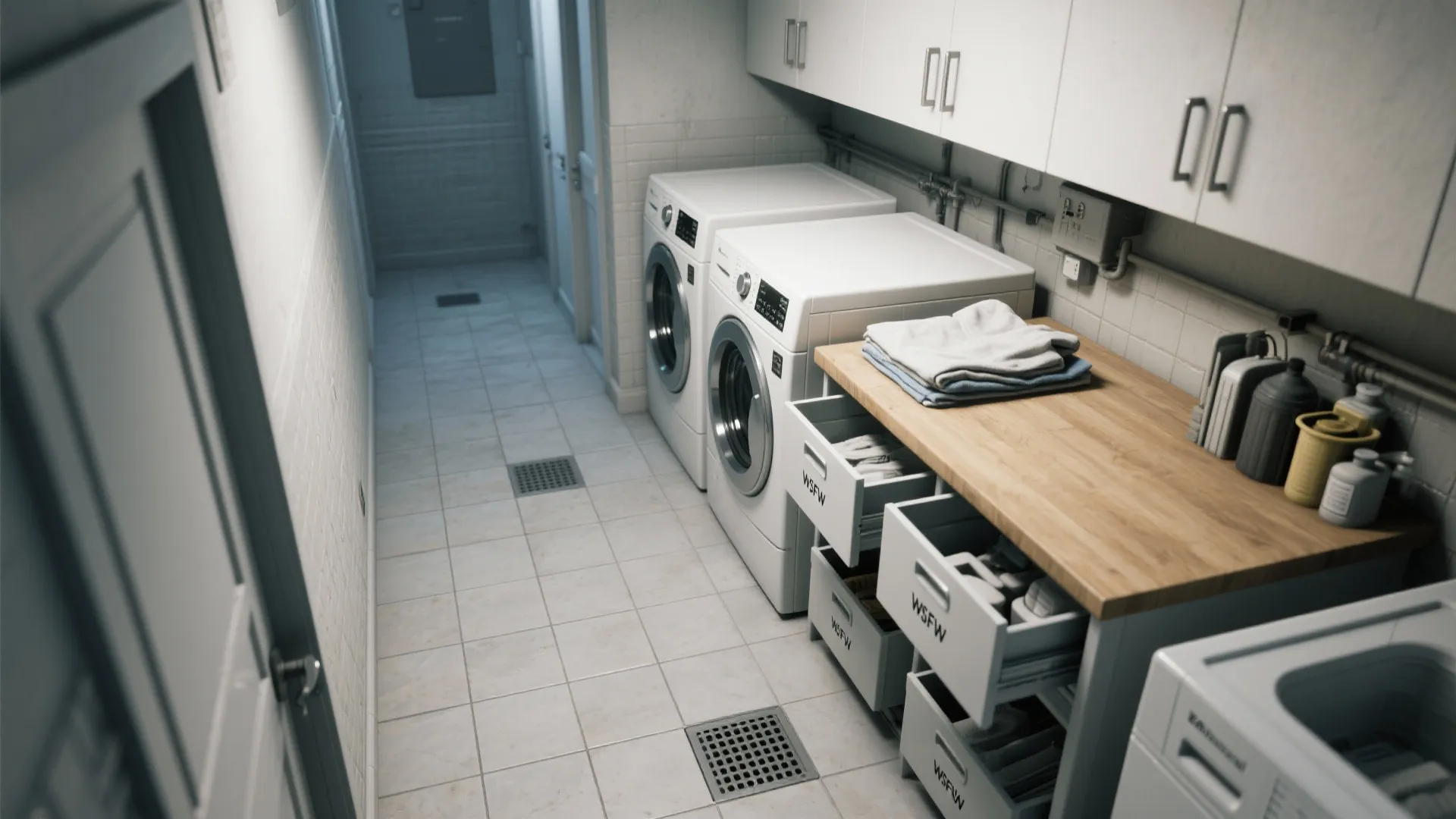 3. Stack functions: combine laundry, storage and a countertop folding area