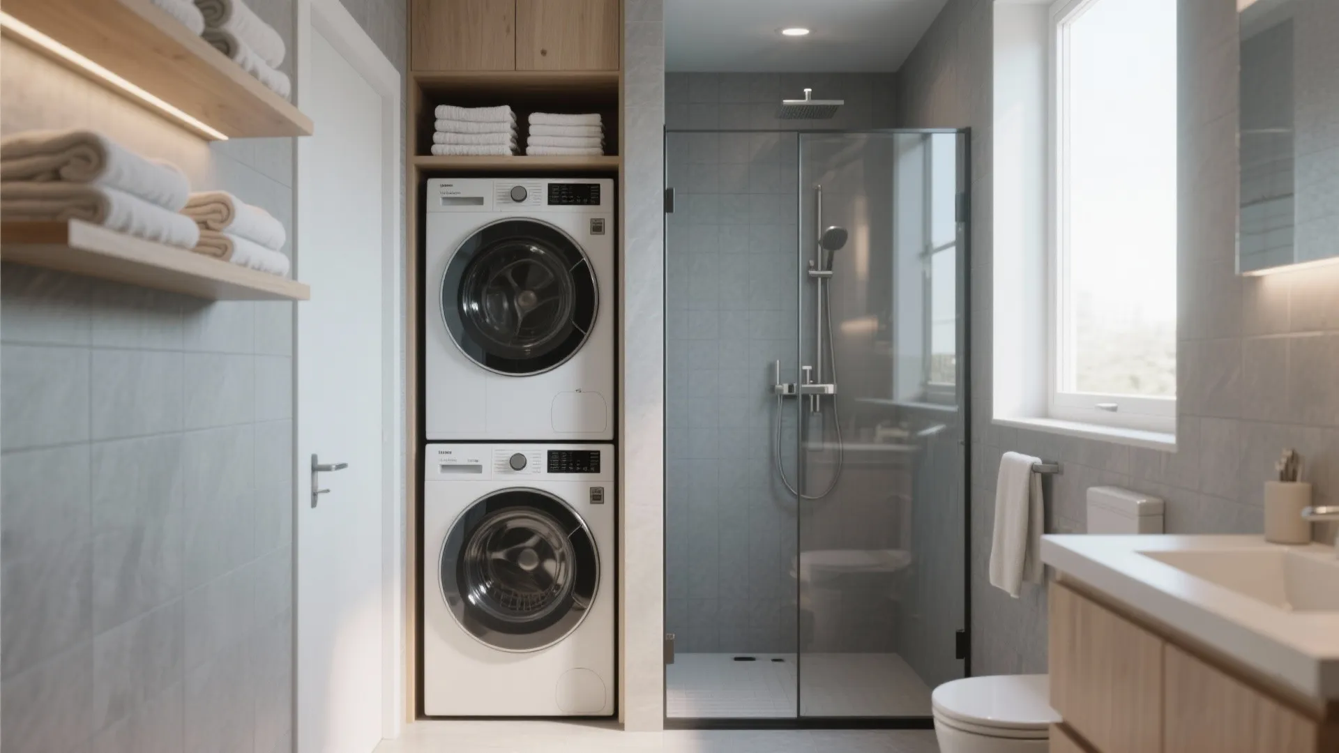 1. Stacked Laundry Beside the Shower
