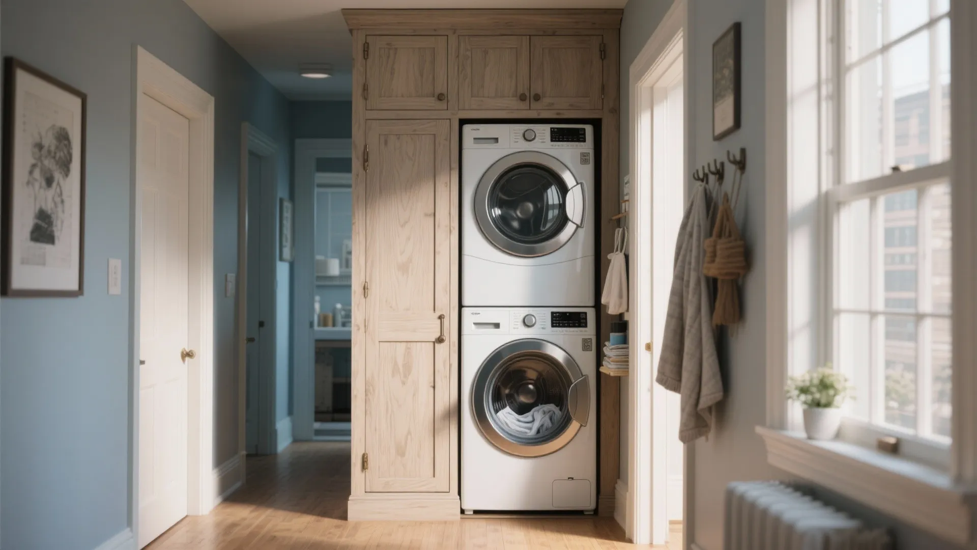 Stacked white washing machine and dryer inside a wooden cabinet in a bright hallway setting